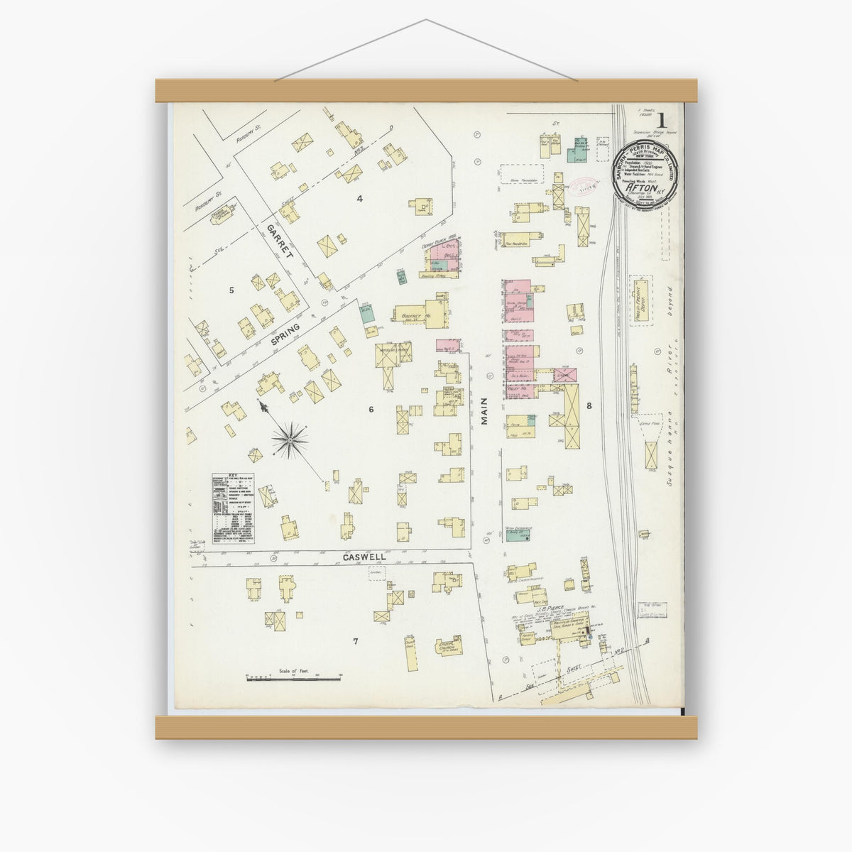 Old map wall art mockup — magnetic wood frame on white wall — Sanborn Fire Insurance Map from Afton, Chenango County, New York (1891) - Complete Map Set