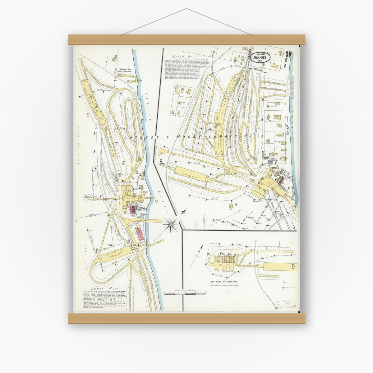 Old map wall art mockup — magnetic wood frame on white wall — Sanborn Fire Insurance Map from Orange, Orange County, Texas (1909), Sheet #0009