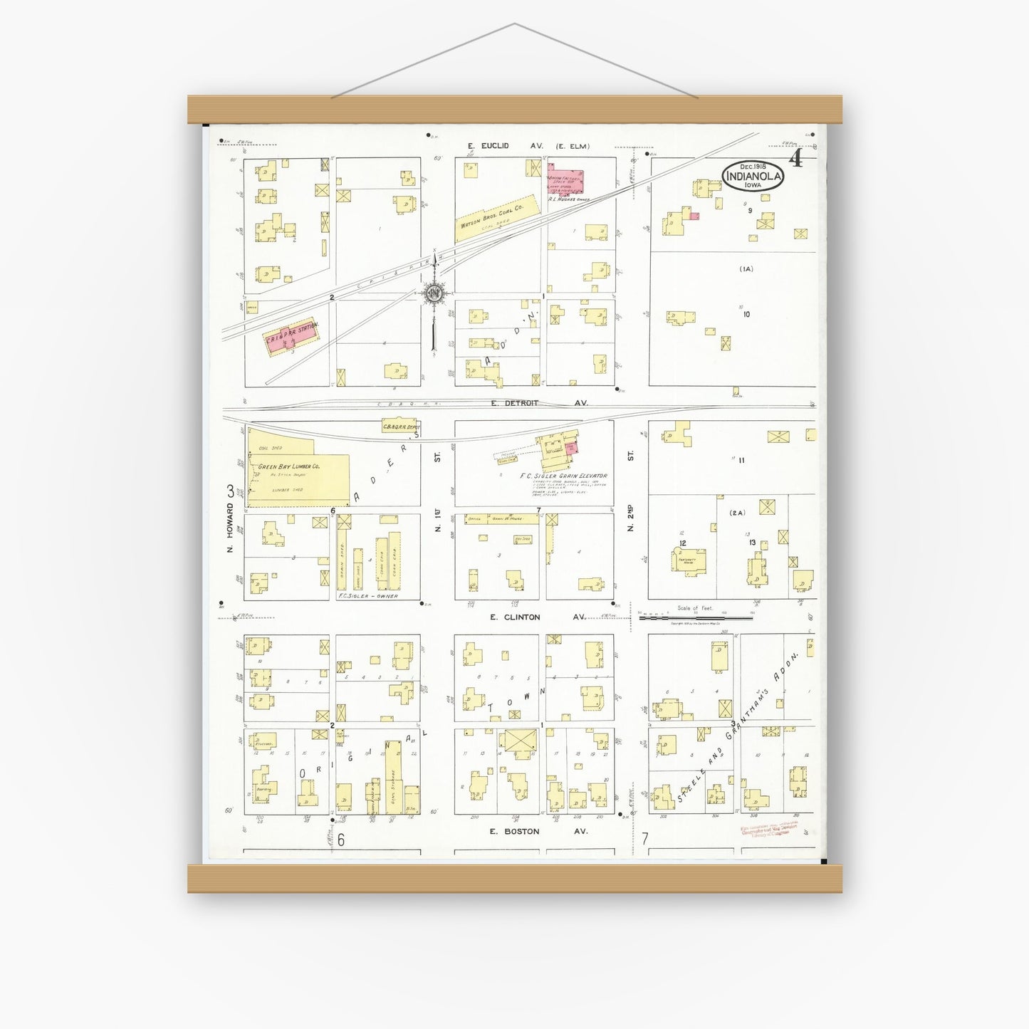 Old map wall art mockup — magnetic wood frame on white wall — Sanborn Fire Insurance Map from Indianola, Warren County, Iowa (1918), Sheet #0004