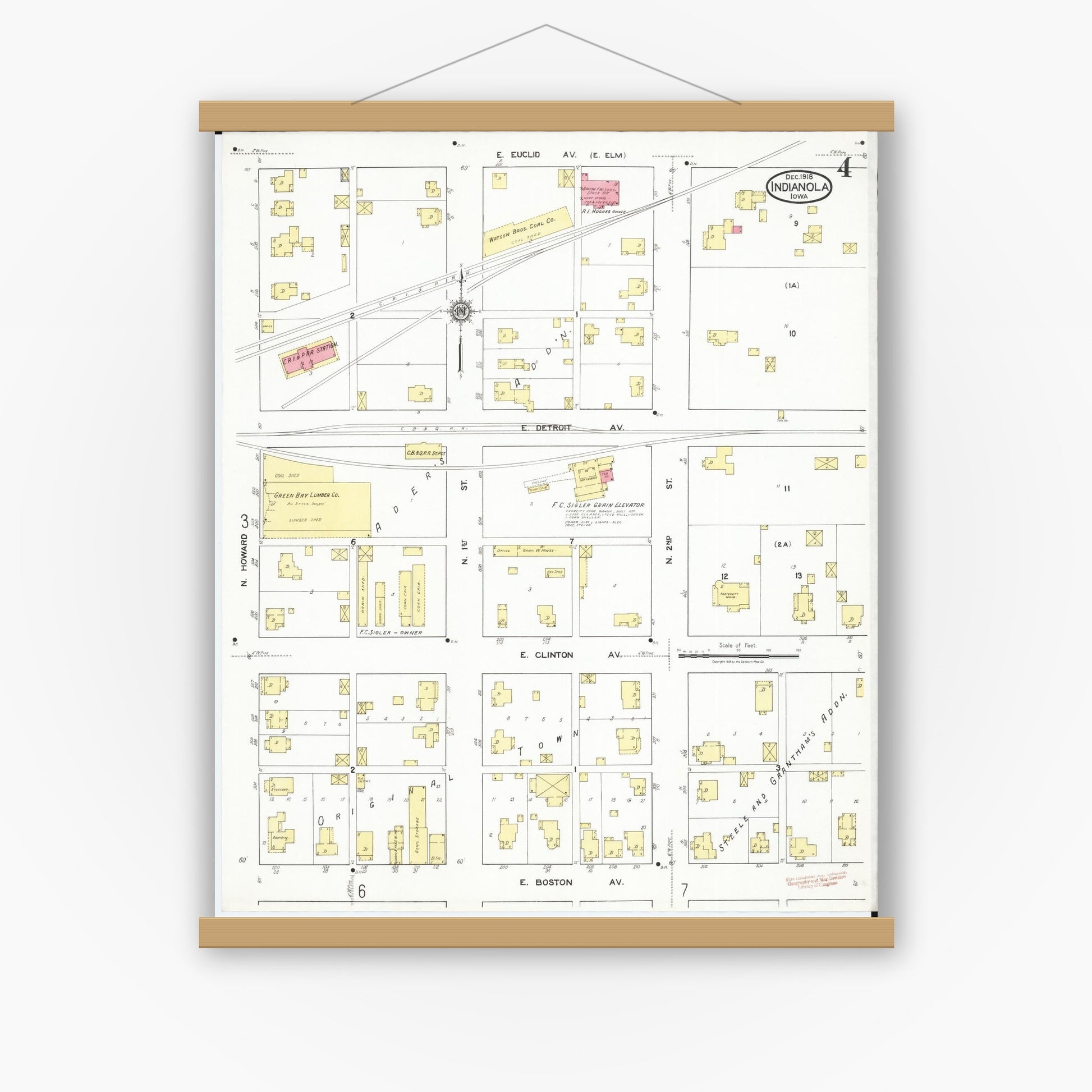 Old map wall art mockup — magnetic wood frame on white wall — Sanborn Fire Insurance Map from Indianola, Warren County, Iowa (1918), Sheet #0004