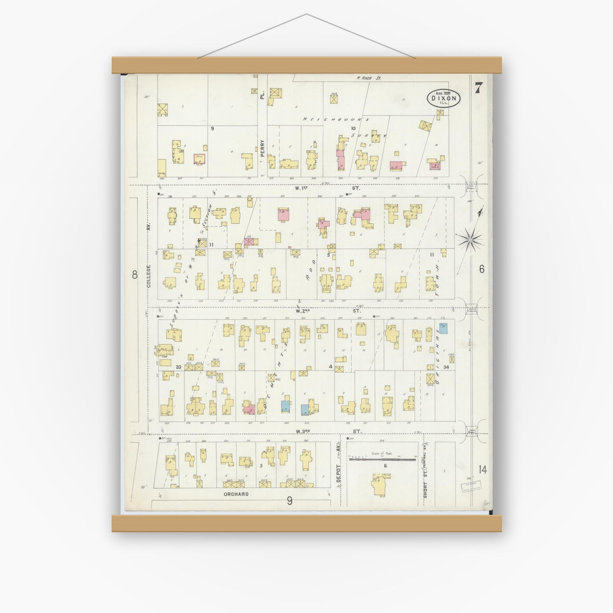 Old map wall art mockup — magnetic wood frame on white wall — Sanborn Fire Insurance Map from Dixon, Lee County, Illinois (1897), Sheet #0007