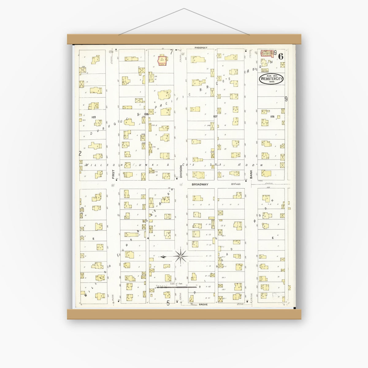 Old map wall art mockup — magnetic wood frame on white wall — Sanborn Fire Insurance Map from Webster City, Hamilton County, Iowa (1907), Sheet #0006