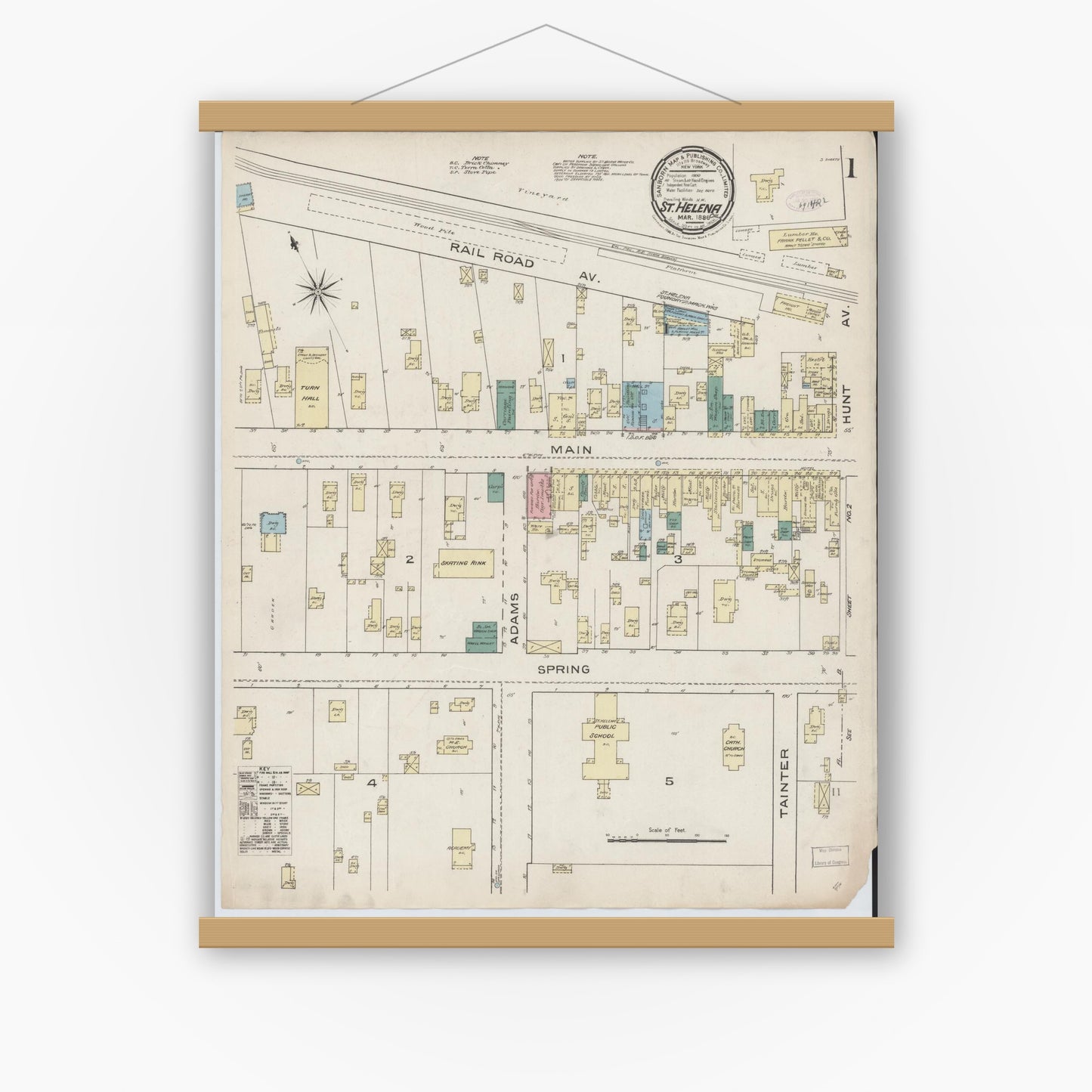 Old map wall art mockup — magnetic wood frame on white wall — Sanborn Fire Insurance Map from Saint Helena, Napa County, California (1886) - Complete Map Set