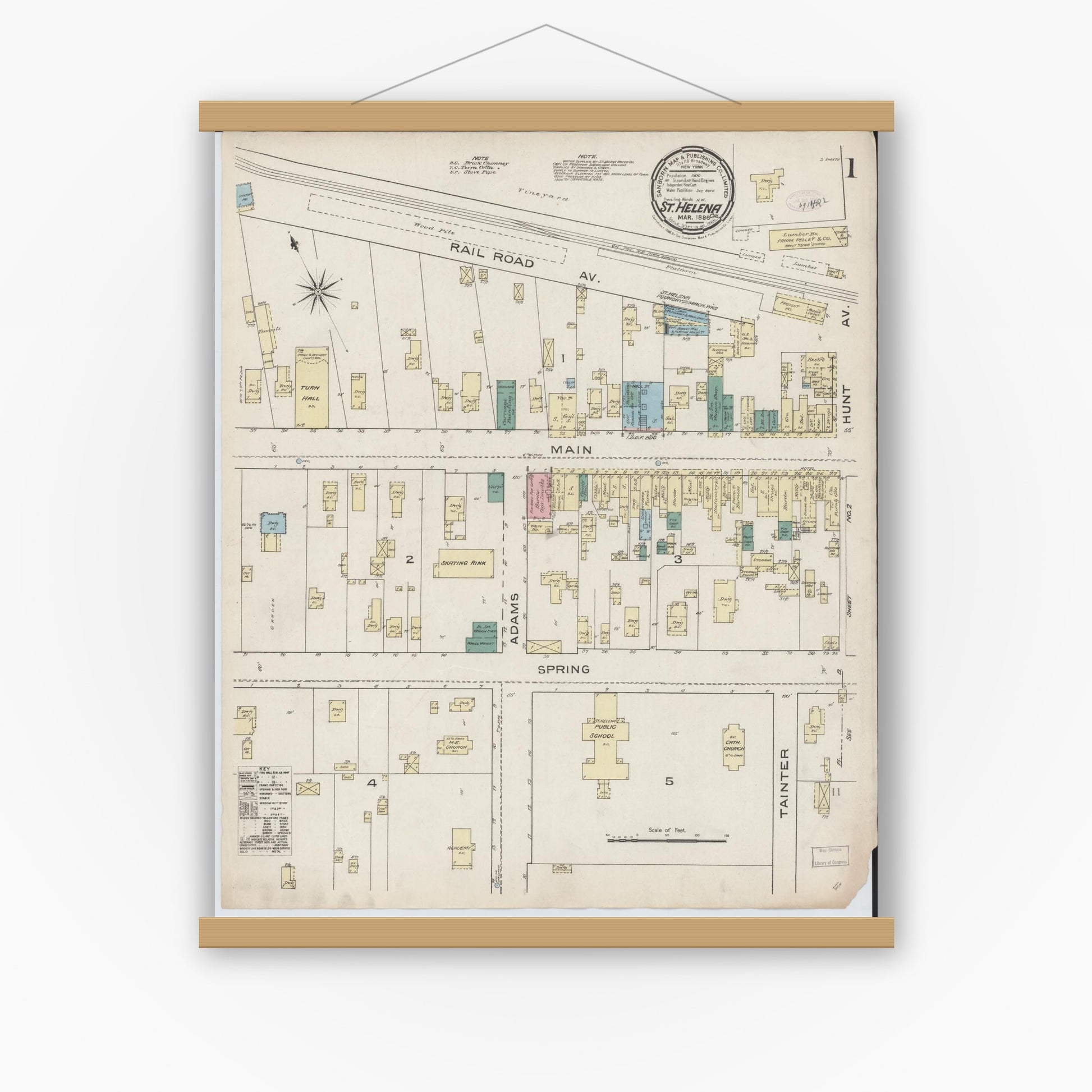 Old map wall art mockup — magnetic wood frame on white wall — Sanborn Fire Insurance Map from Saint Helena, Napa County, California (1886) - Complete Map Set