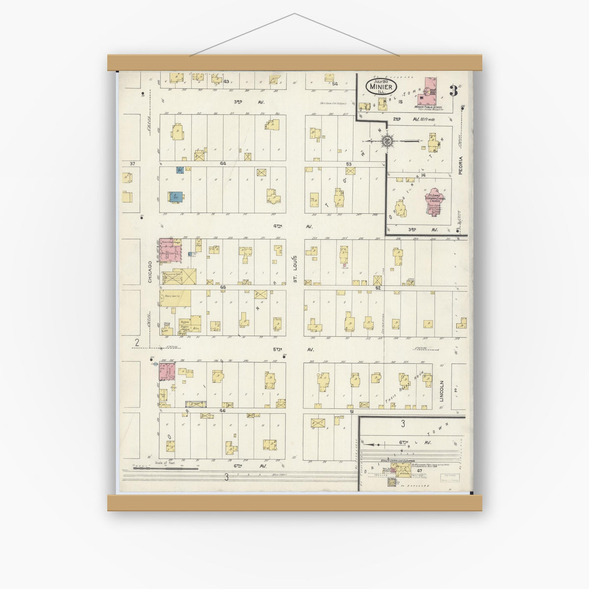 Old map wall art mockup — magnetic wood frame on white wall — Sanborn Fire Insurance Map from Minier, Tazewell County, Illinois (1913), Sheet #0003