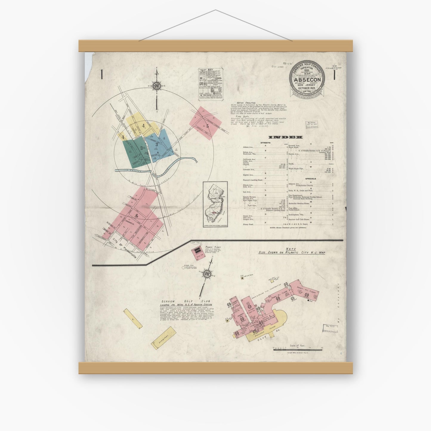 Old map wall art mockup — magnetic wood frame on white wall — Sanborn Fire Insurance Map from Absecon, Atlantic County, New Jersey (1923), Sheet #0001