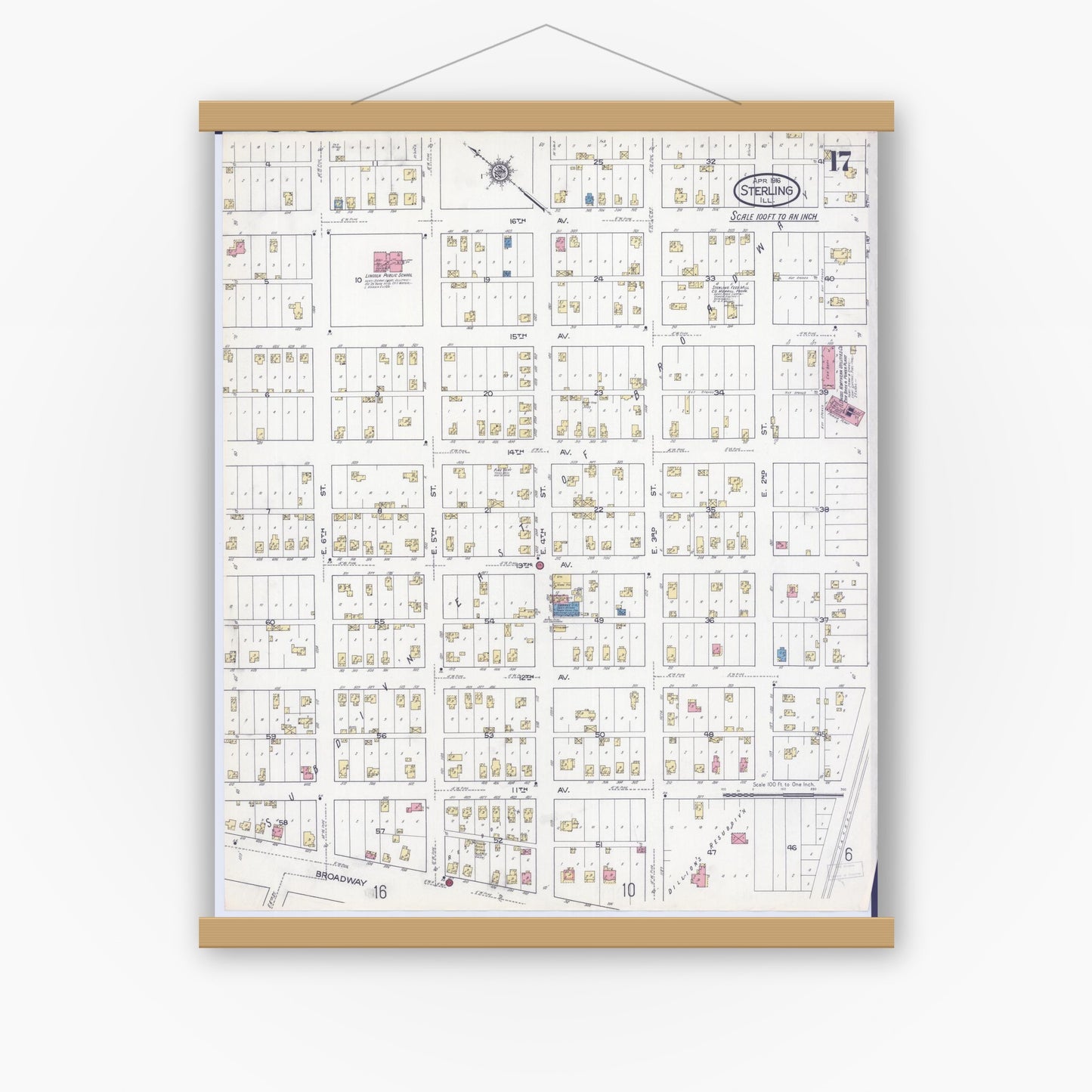 Old map wall art mockup — magnetic wood frame on white wall — Sanborn Fire Insurance Map from Sterling, Whiteside County, Illinois (1916), Sheet #0017