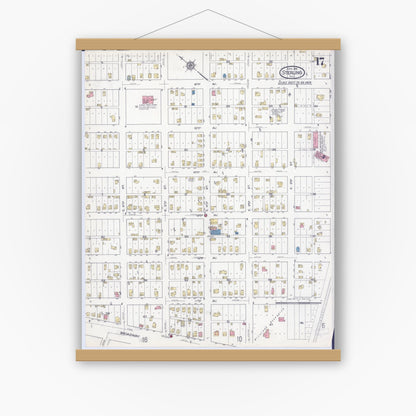 Old map wall art mockup — magnetic wood frame on white wall — Sanborn Fire Insurance Map from Sterling, Whiteside County, Illinois (1916), Sheet #0017