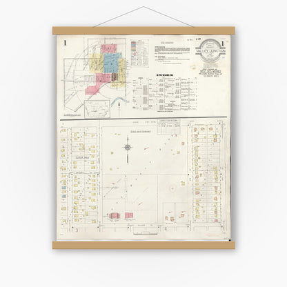 Old map wall art mockup — magnetic wood frame on white wall — Sanborn Fire Insurance Map from Valley Junction, Polk County, Iowa (1941) â€” Complete Set