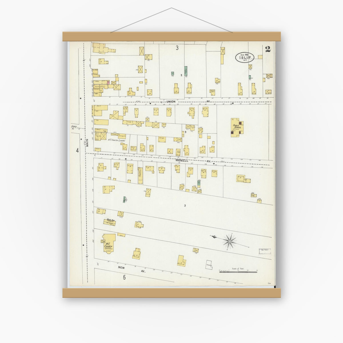 Old map wall art mockup — magnetic wood frame on white wall — Sanborn Fire Insurance Map from Islip, Suffolk County, New York (1902), Sheet #0002