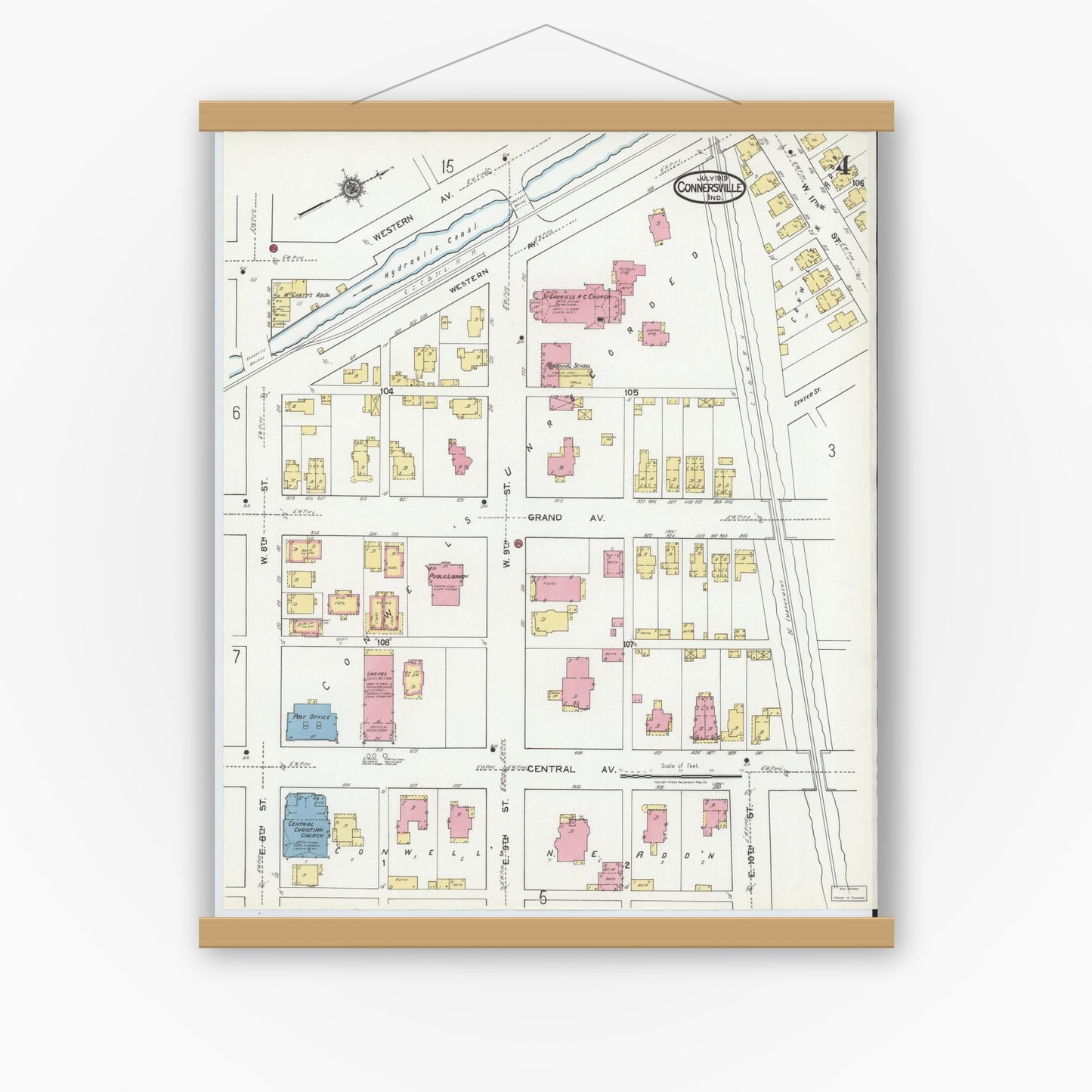 Old map wall art mockup — magnetic wood frame on white wall — Sanborn Fire Insurance Map from Connersville, Fayette County, Indiana (1919), Sheet #0004