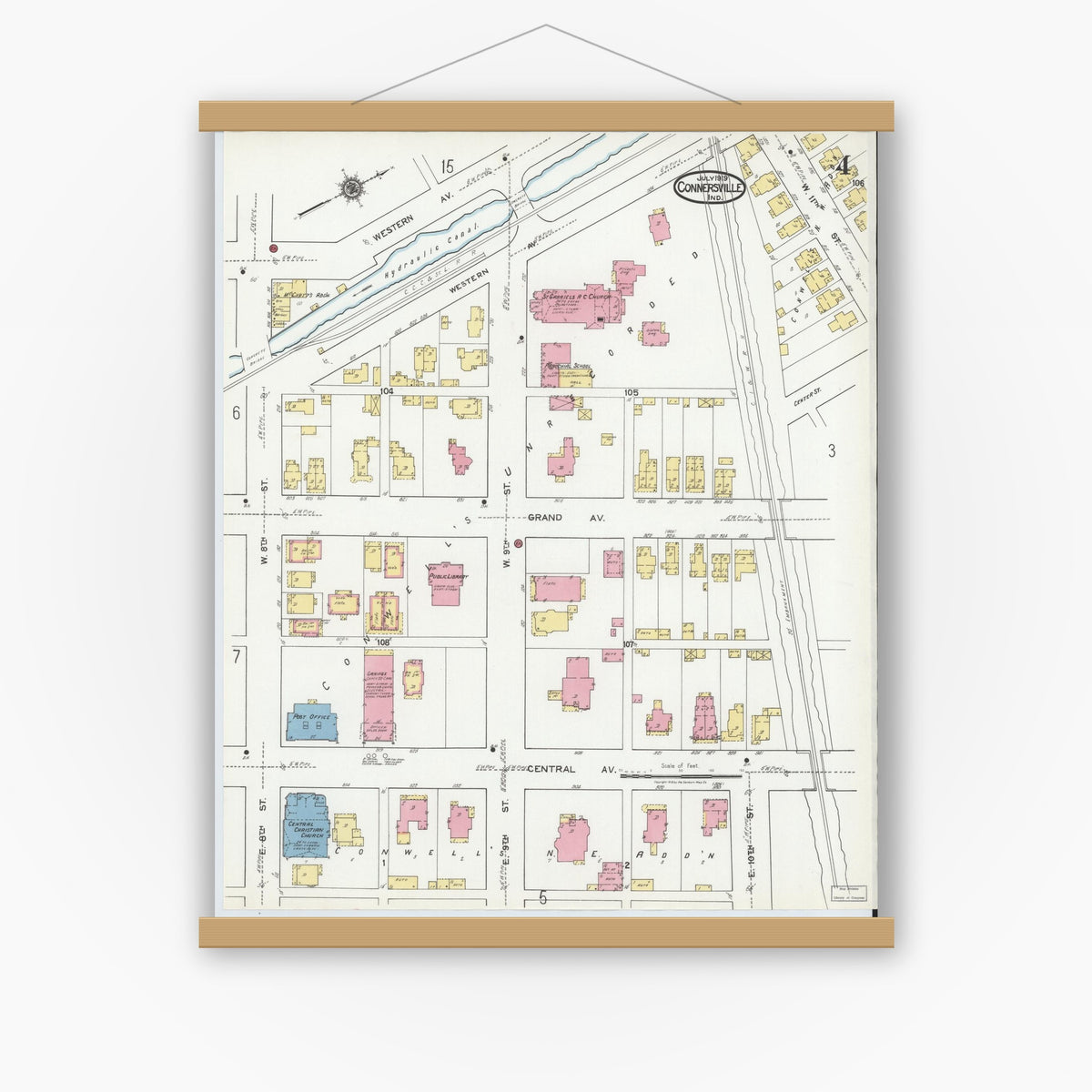 Old map wall art mockup — magnetic wood frame on white wall — Sanborn Fire Insurance Map from Connersville, Fayette County, Indiana (1919), Sheet #0004