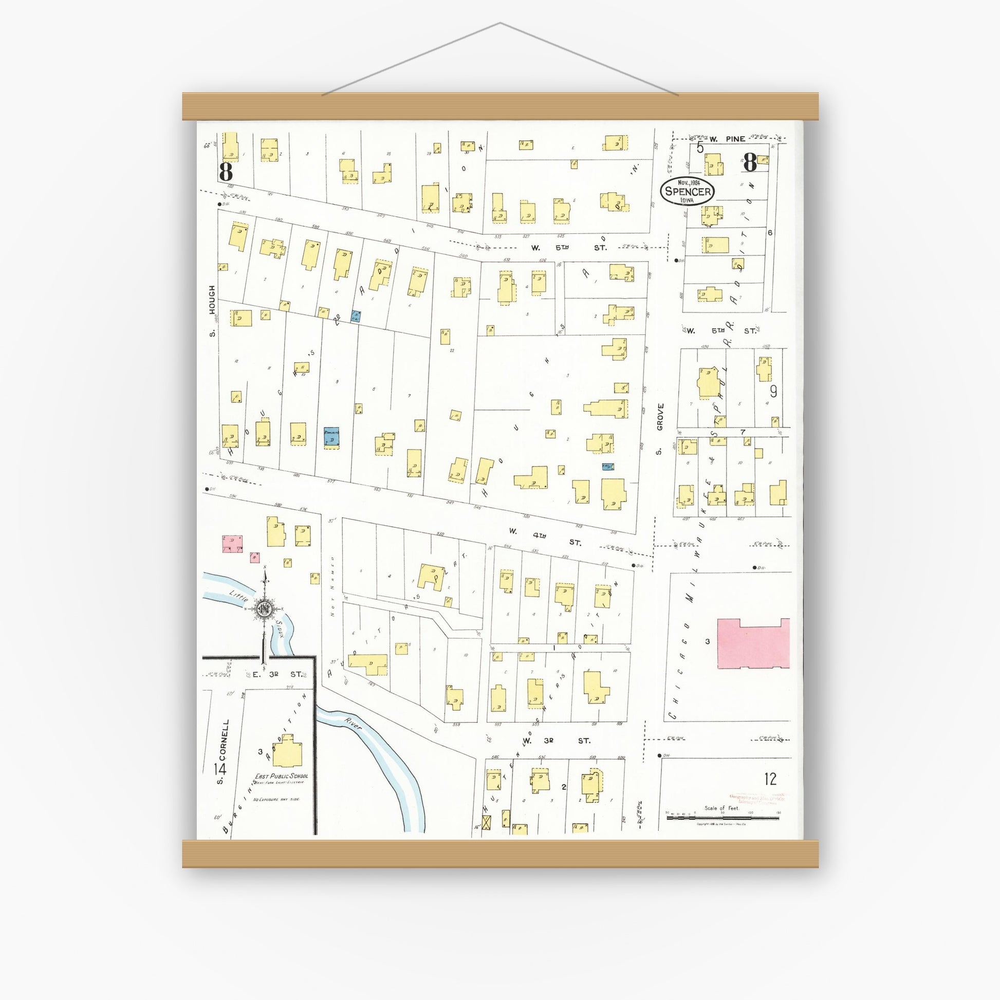 Old map wall art mockup — magnetic wood frame on white wall — Sanborn Fire Insurance Map from Spencer, Clay County, Iowa (1924), Sheet #0008