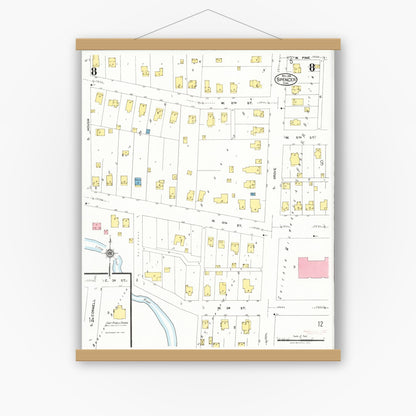 Old map wall art mockup — magnetic wood frame on white wall — Sanborn Fire Insurance Map from Spencer, Clay County, Iowa (1924), Sheet #0008