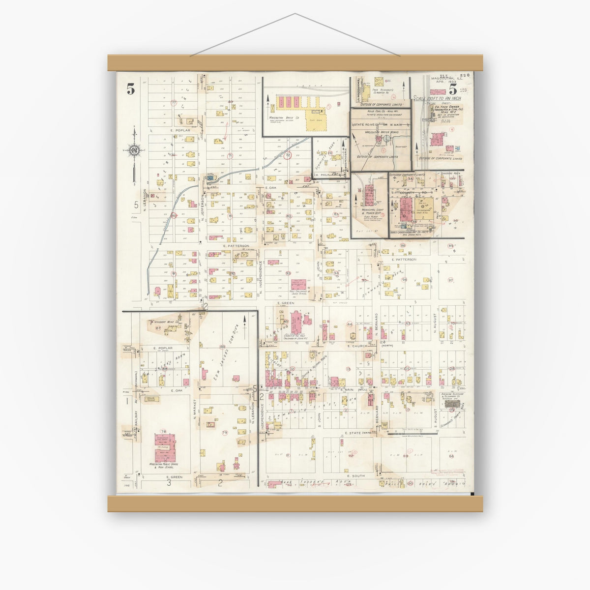 Old map wall art mockup — magnetic wood frame on white wall — Sanborn Fire Insurance Map from Mascoutah, Saint Clair County, Illinois (1942), Sheet #0005