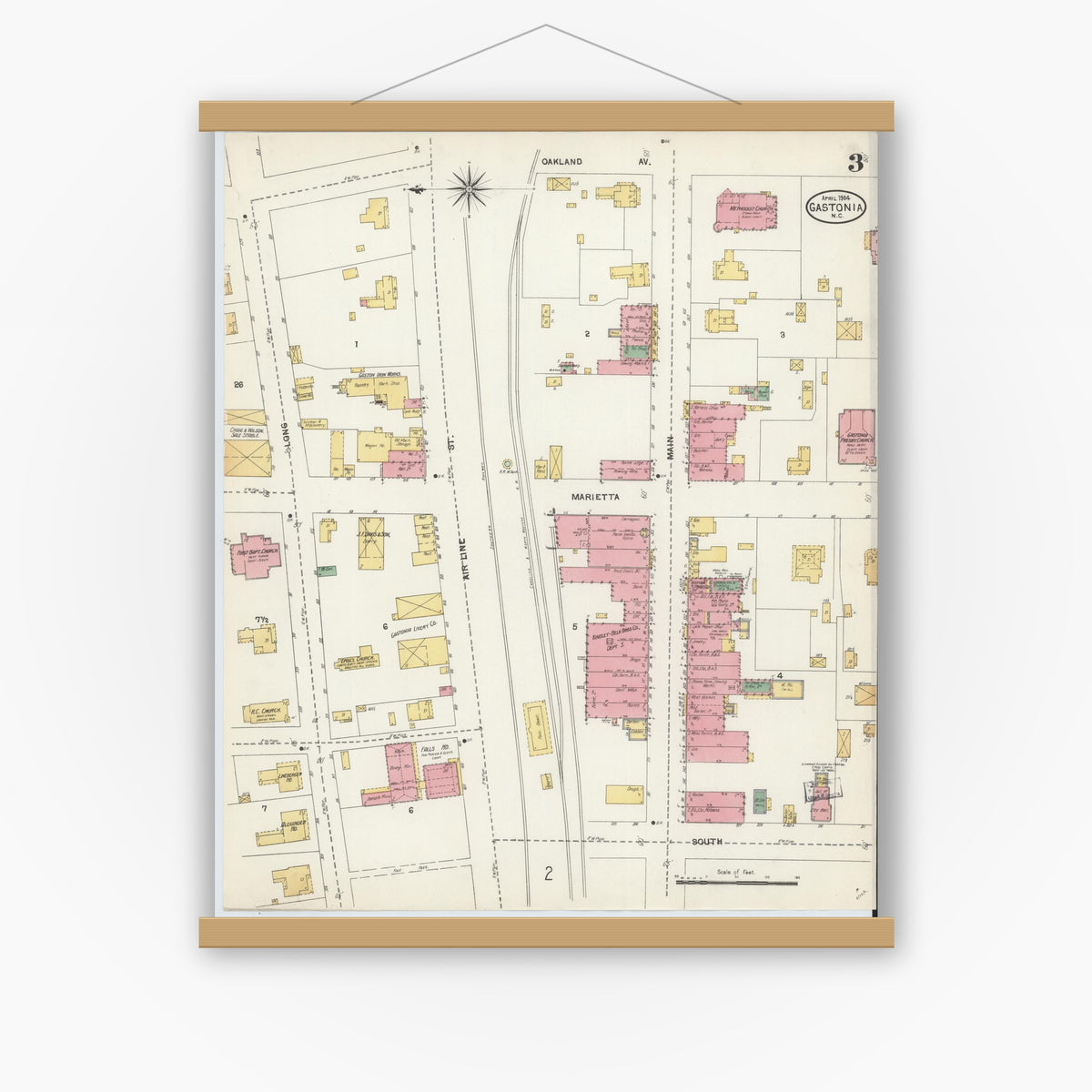 Old map wall art mockup — magnetic wood frame on white wall — Sanborn Fire Insurance Map from Gastonia, Gaston County, North Carolina (1904), Sheet #0003