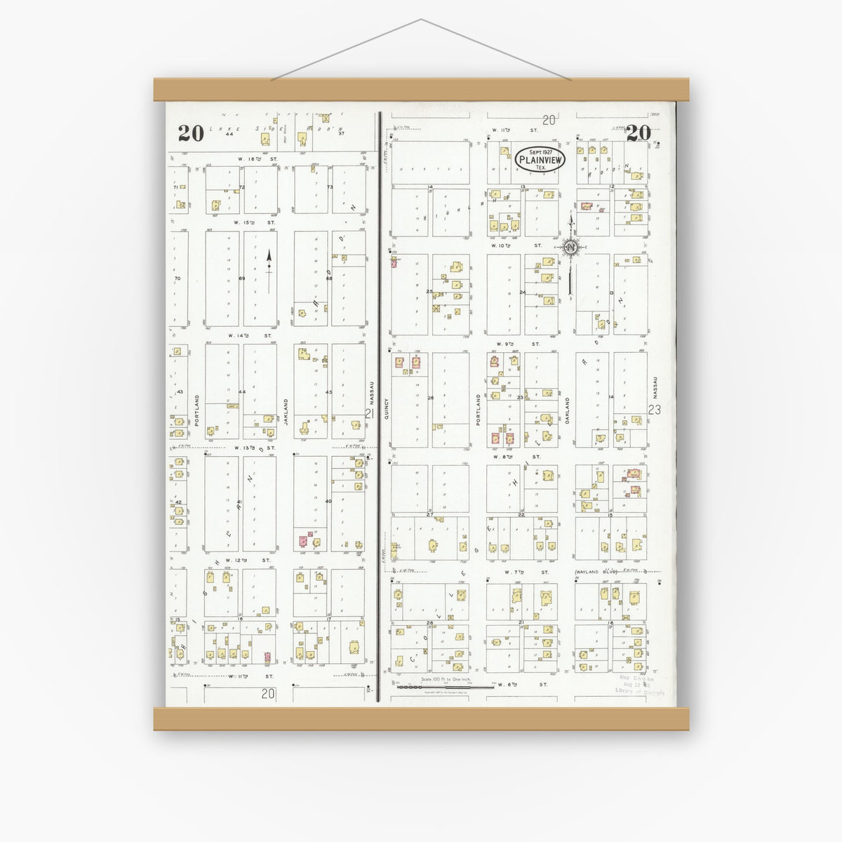 Old map wall art mockup — magnetic wood frame on white wall — Sanborn Fire Insurance Map from Plainview, Hale County, Texas (1927), Sheet #0020