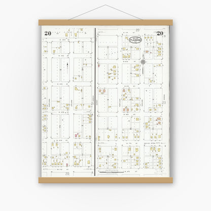Old map wall art mockup — magnetic wood frame on white wall — Sanborn Fire Insurance Map from Plainview, Hale County, Texas (1927), Sheet #0020