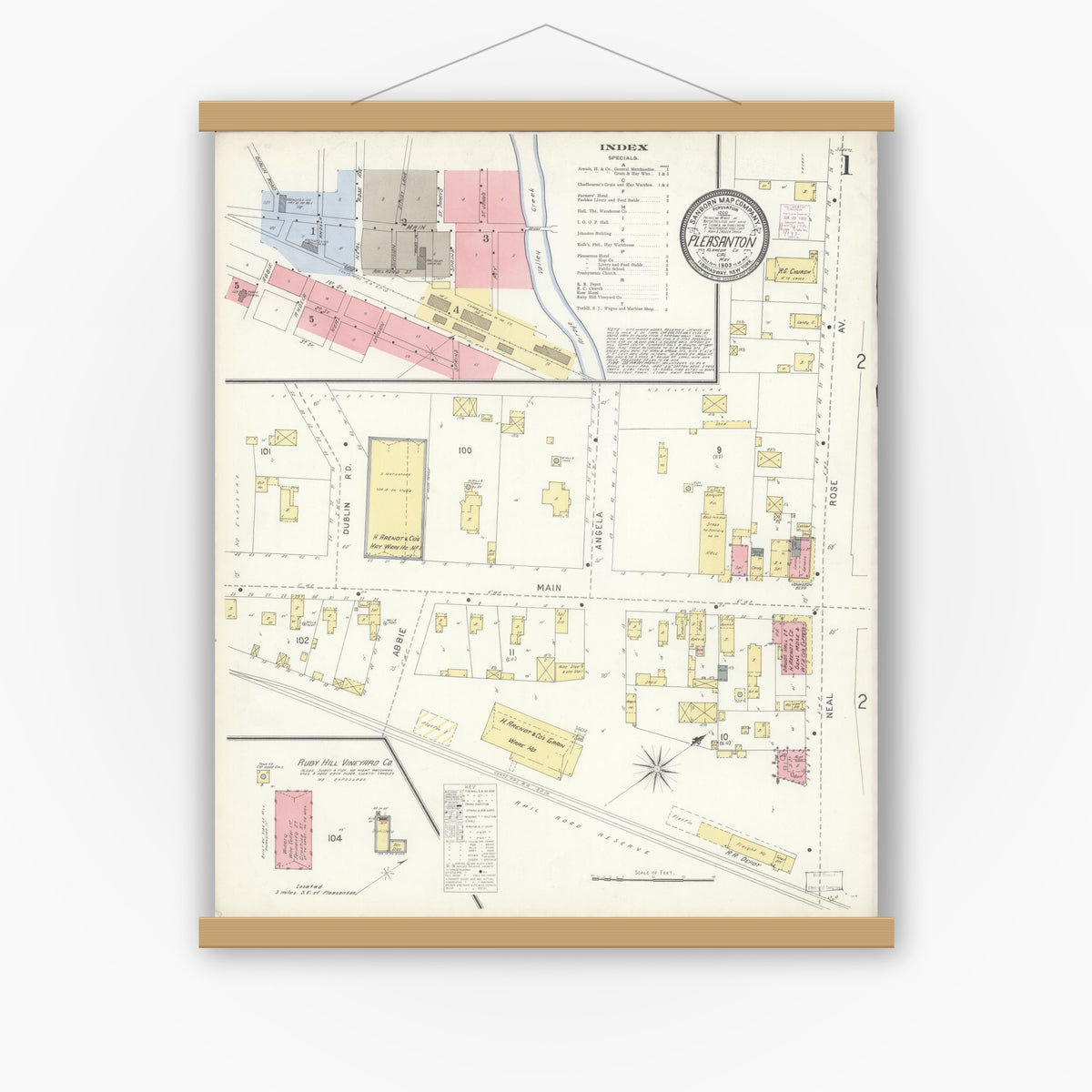 Old map wall art mockup — magnetic wood frame on white wall — Sanborn Fire Insurance Map from Pleasanton, Alameda County, California (1903) - Complete Map Set