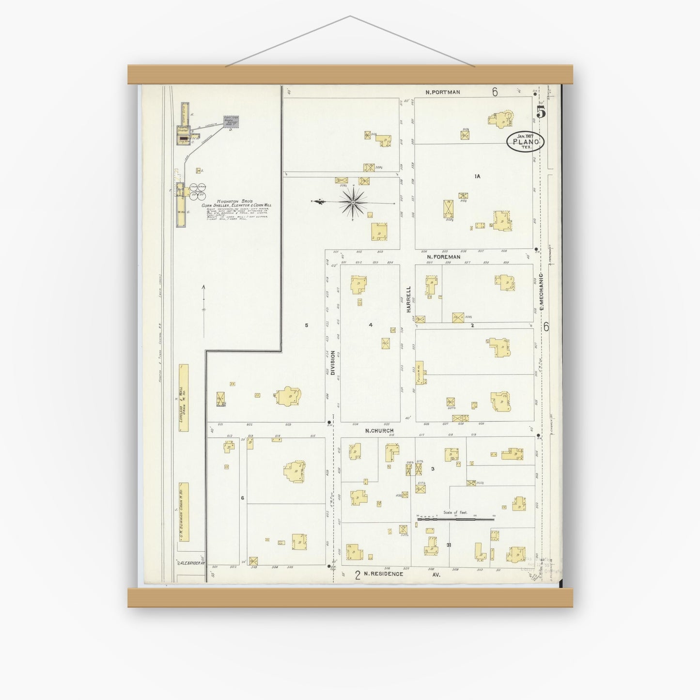 Old map wall art mockup — magnetic wood frame on white wall — Sanborn Fire Insurance Map from Plano, Collin County, Texas (1907), Sheet #0005