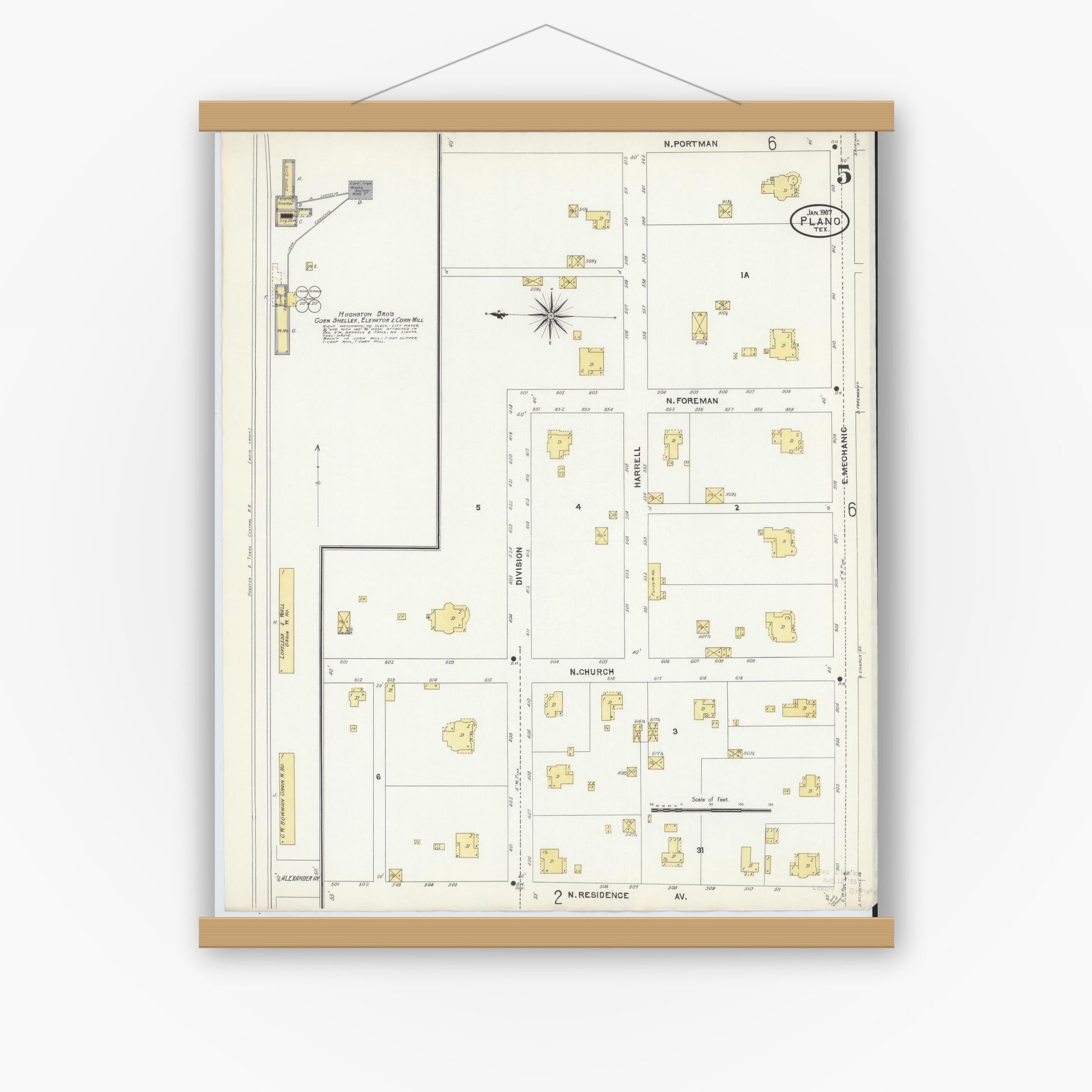 Old map wall art mockup — magnetic wood frame on white wall — Sanborn Fire Insurance Map from Plano, Collin County, Texas (1907), Sheet #0005