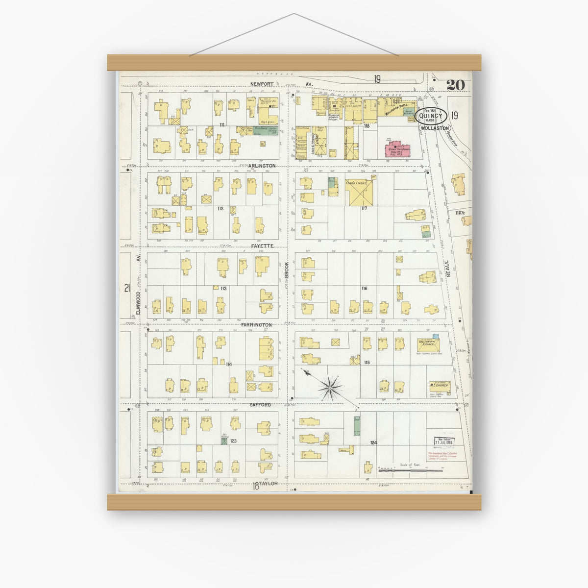 Old map wall art mockup — magnetic wood frame on white wall — Sanborn Fire Insurance Map from Quincy, Norfolk County, Massachusetts (1901), Sheet #0020