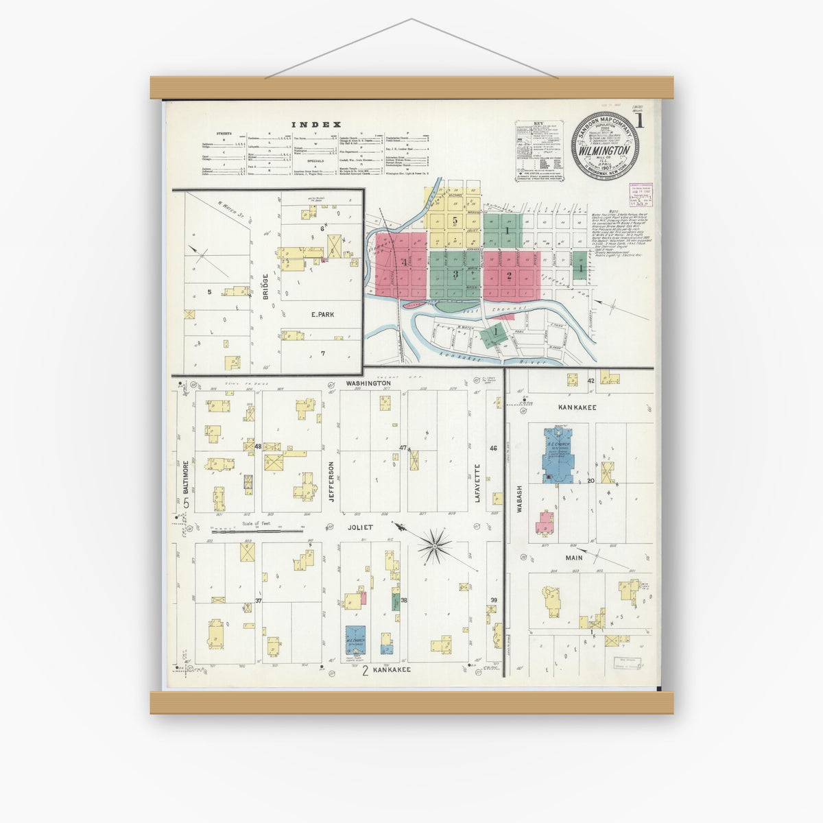Old map wall art mockup — magnetic wood frame on white wall — Sanborn Fire Insurance Map from Wilmington, Will County, Illinois (1907) - Complete Map Set