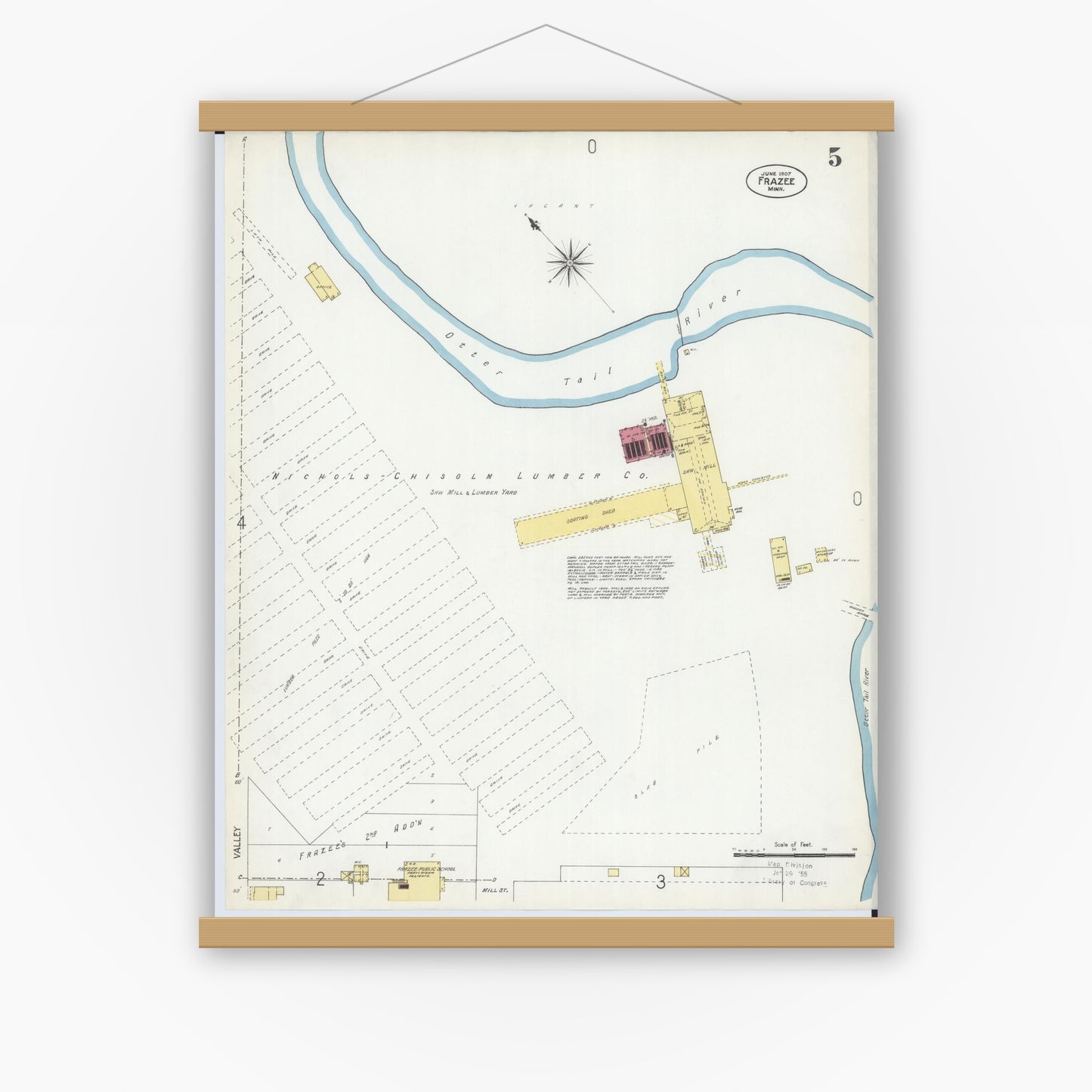 Old map wall art mockup — magnetic wood frame on white wall — Sanborn Fire Insurance Map from Frazee, Becker County, Minnesota (1907), Sheet #0005