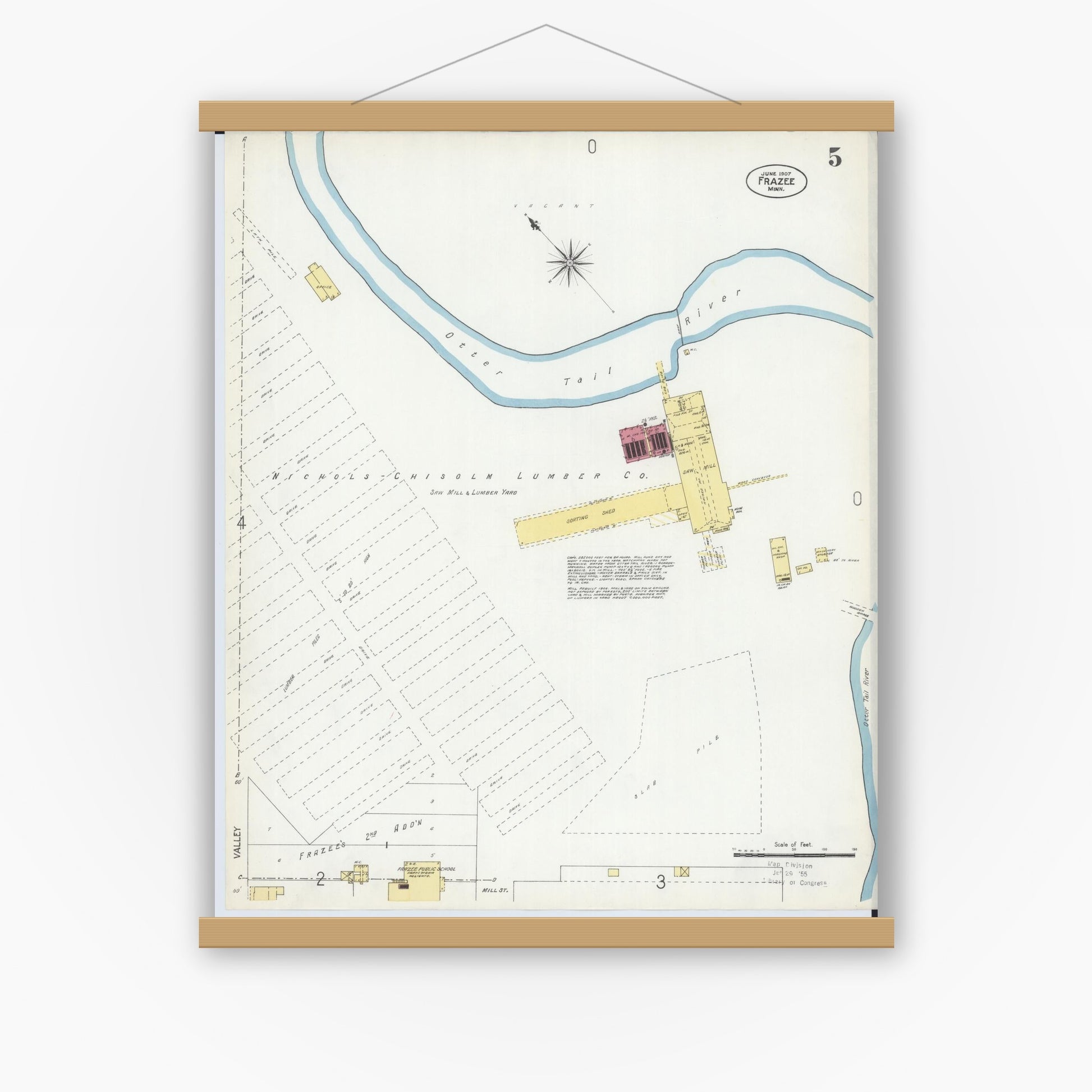 Old map wall art mockup — magnetic wood frame on white wall — Sanborn Fire Insurance Map from Frazee, Becker County, Minnesota (1907), Sheet #0005