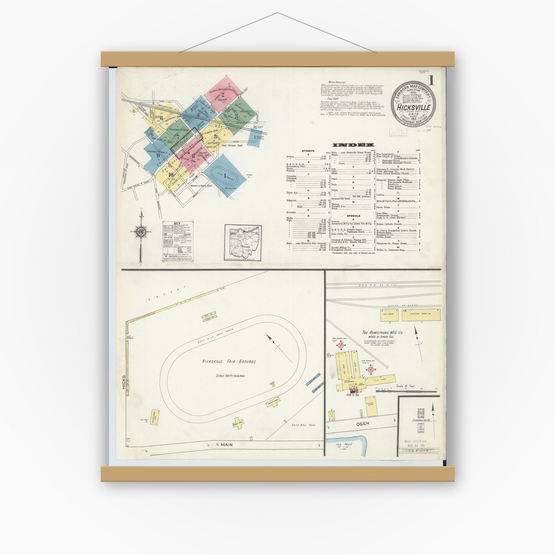 Old map wall art mockup — magnetic wood frame on white wall — Sanborn Fire Insurance Map from Hicksville, Defiance County, Ohio (1913) - Complete Map Set
