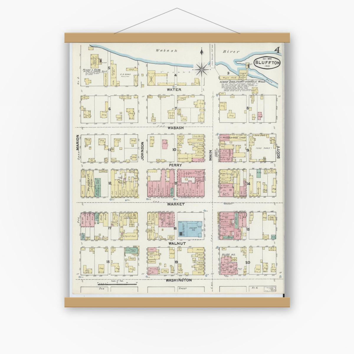 Old map wall art mockup — magnetic wood frame on white wall — Sanborn Fire Insurance Map from Bluffton, Wells County, Indiana (1890), Sheet #0004