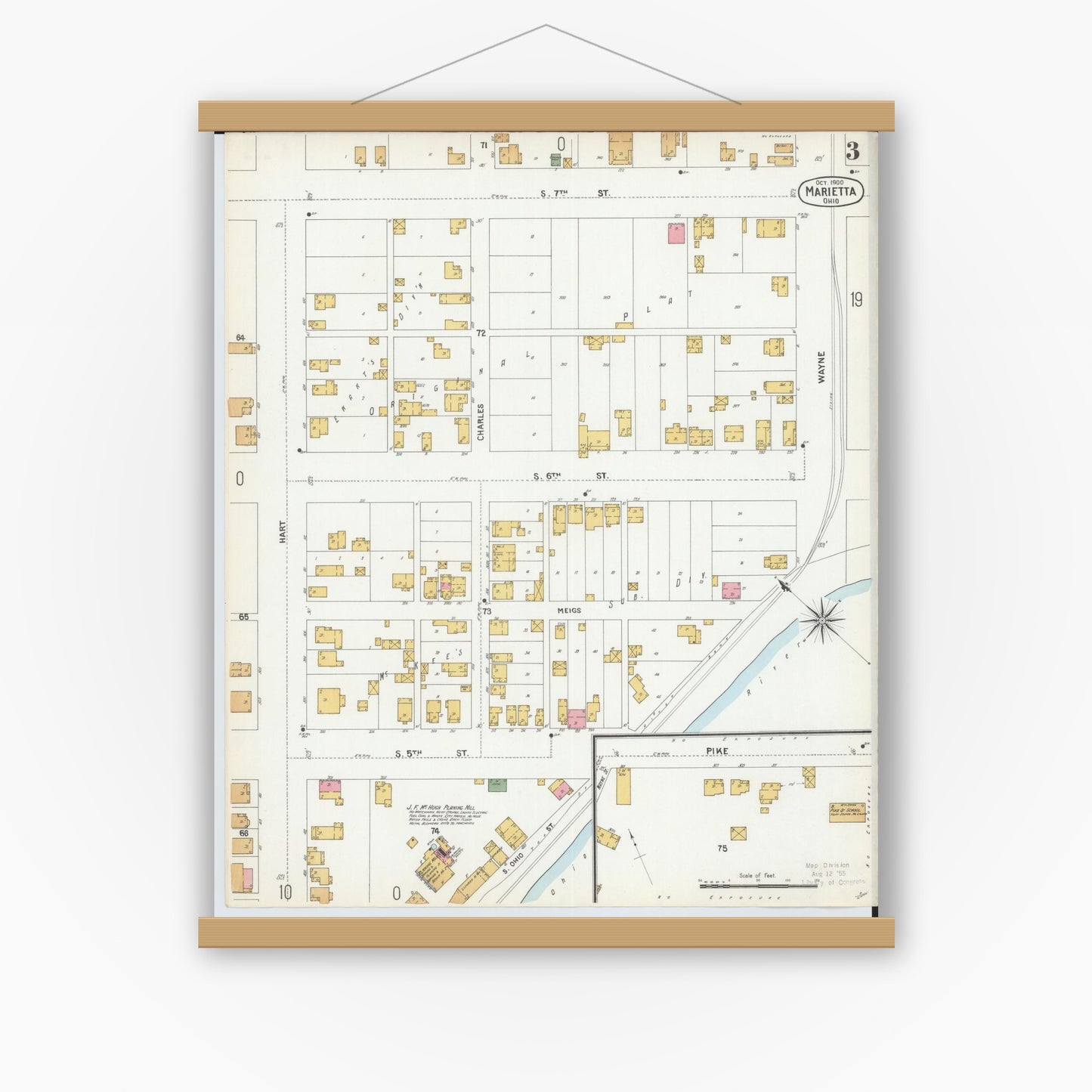 Old map wall art mockup — magnetic wood frame on white wall — Sanborn Fire Insurance Map from Marietta, Washington County, Ohio (1900), Sheet #0003