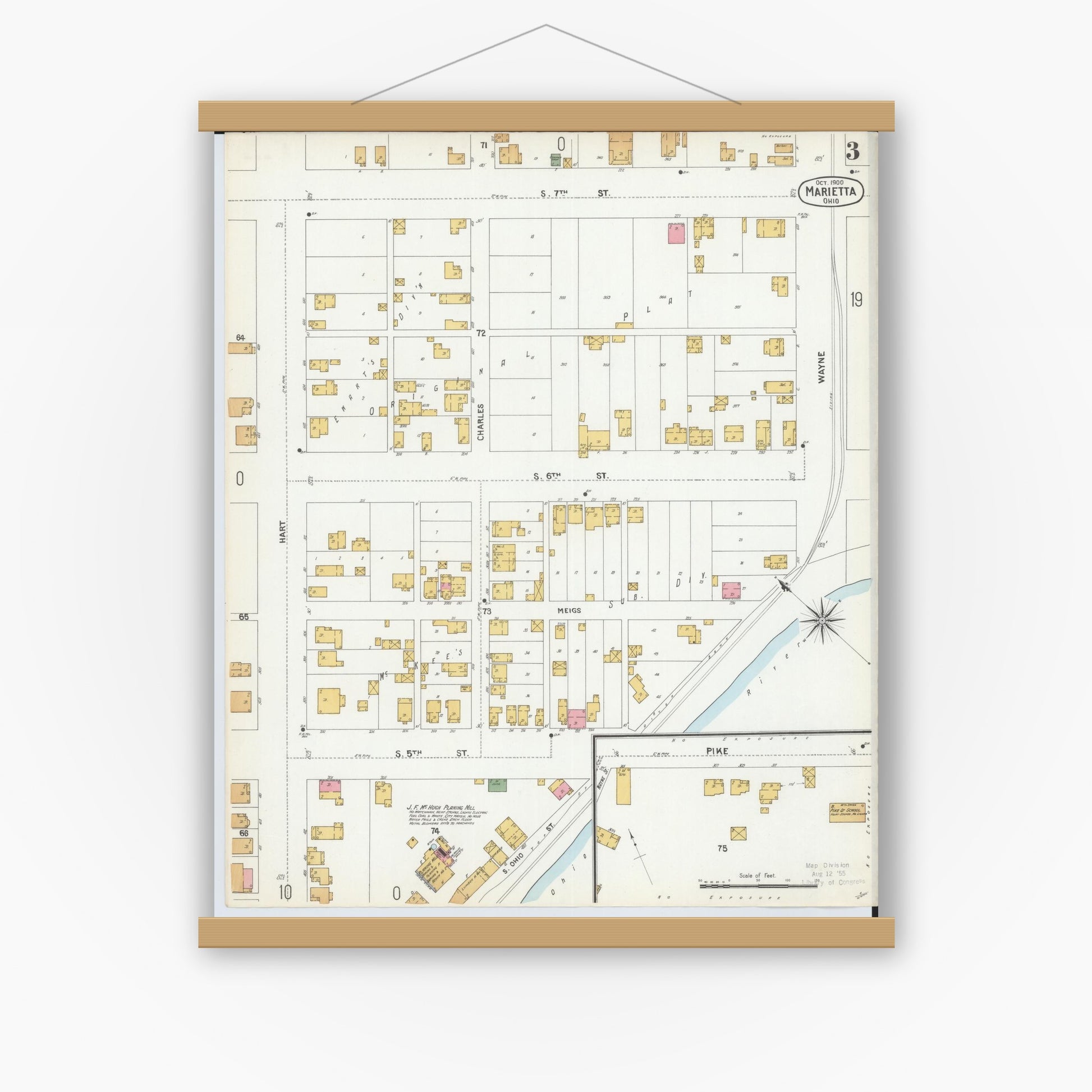 Old map wall art mockup — magnetic wood frame on white wall — Sanborn Fire Insurance Map from Marietta, Washington County, Ohio (1900), Sheet #0003