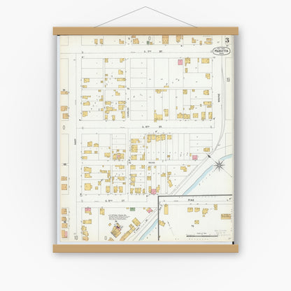 Old map wall art mockup — magnetic wood frame on white wall — Sanborn Fire Insurance Map from Marietta, Washington County, Ohio (1900), Sheet #0003