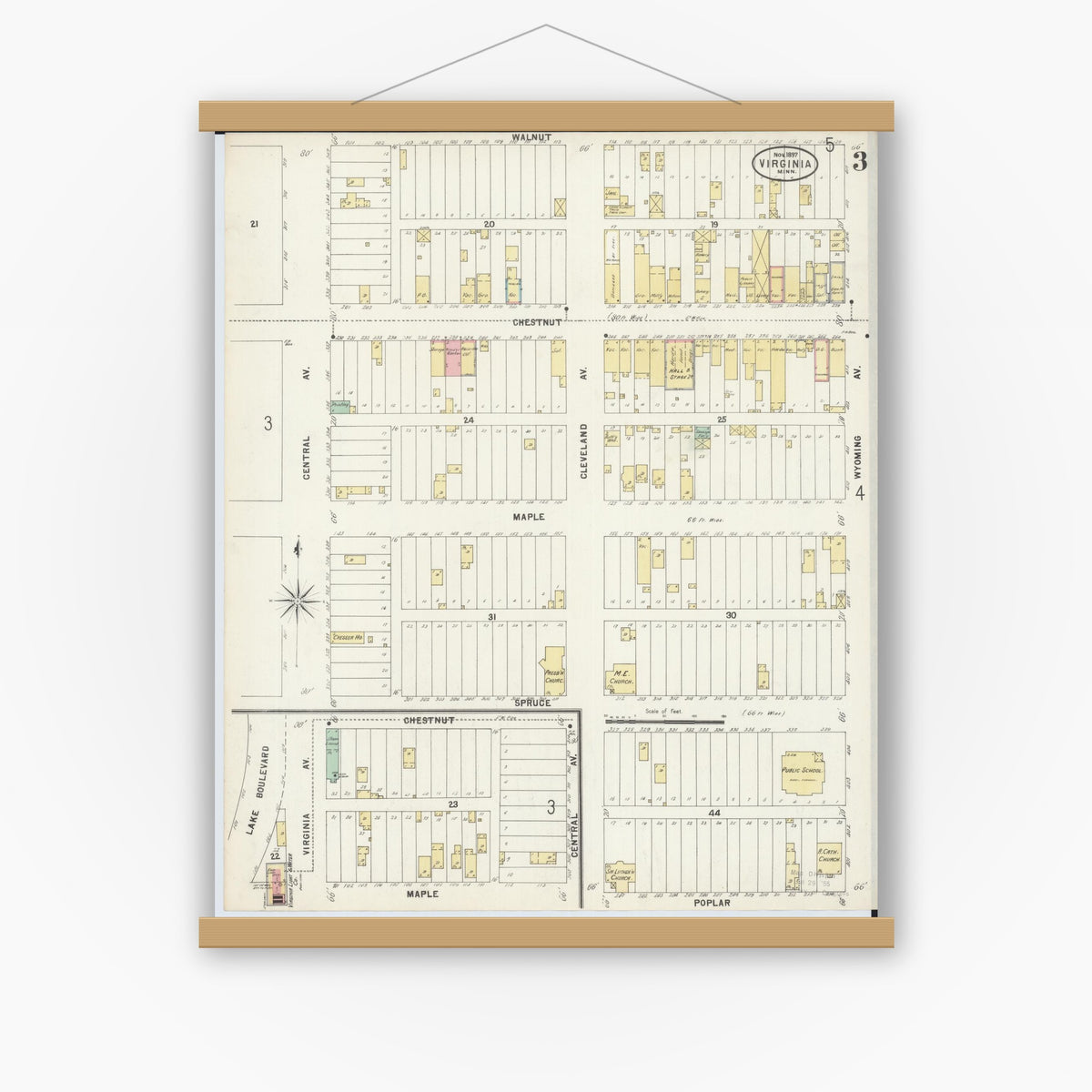 Old map wall art mockup — magnetic wood frame on white wall — Sanborn Fire Insurance Map from Virginia, Saint Louis County, Minnesota (1897), Sheet #0003