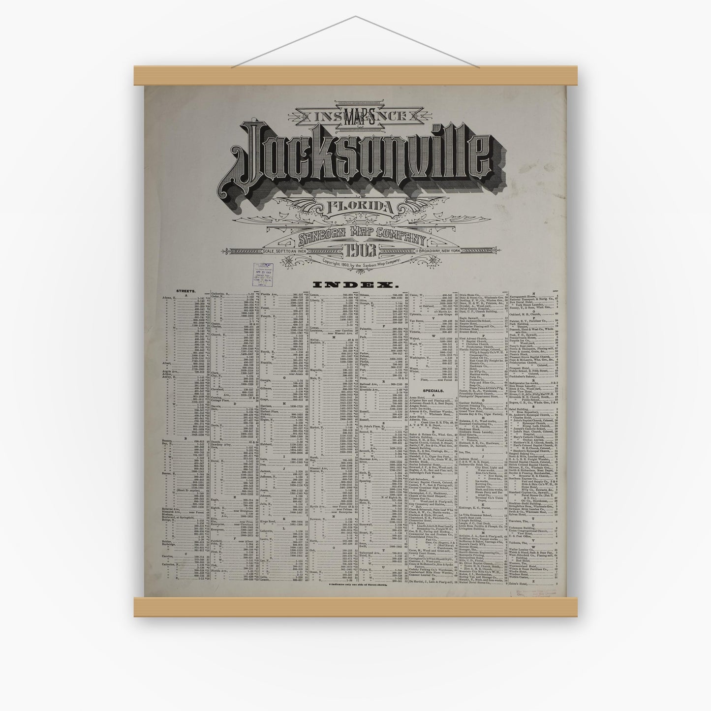 Old map wall art mockup — magnetic wood frame on white wall — Sanborn Fire Insurance Map from Jacksonville, Duval County, Florida (1903), Sheet #0001