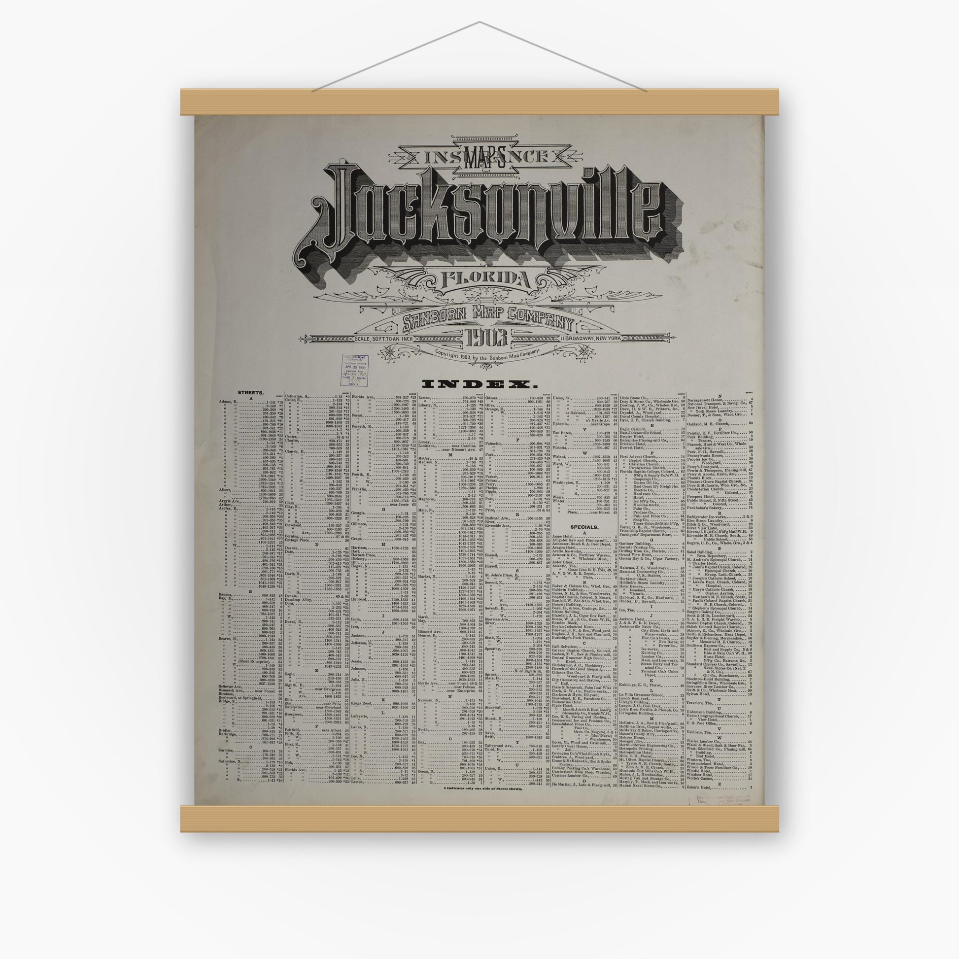 Old map wall art mockup — magnetic wood frame on white wall — Sanborn Fire Insurance Map from Jacksonville, Duval County, Florida (1903), Sheet #0001