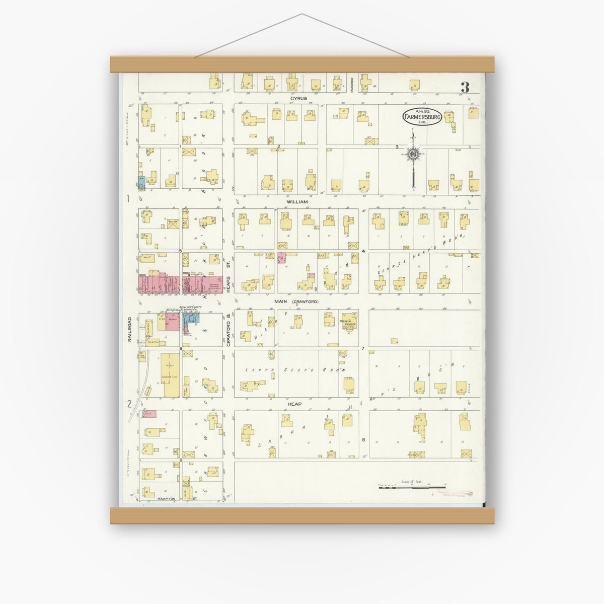 Old map wall art mockup — magnetic wood frame on white wall — Sanborn Fire Insurance Map from Farmersburg, Sullivan County, Indiana (1913), Sheet #0003