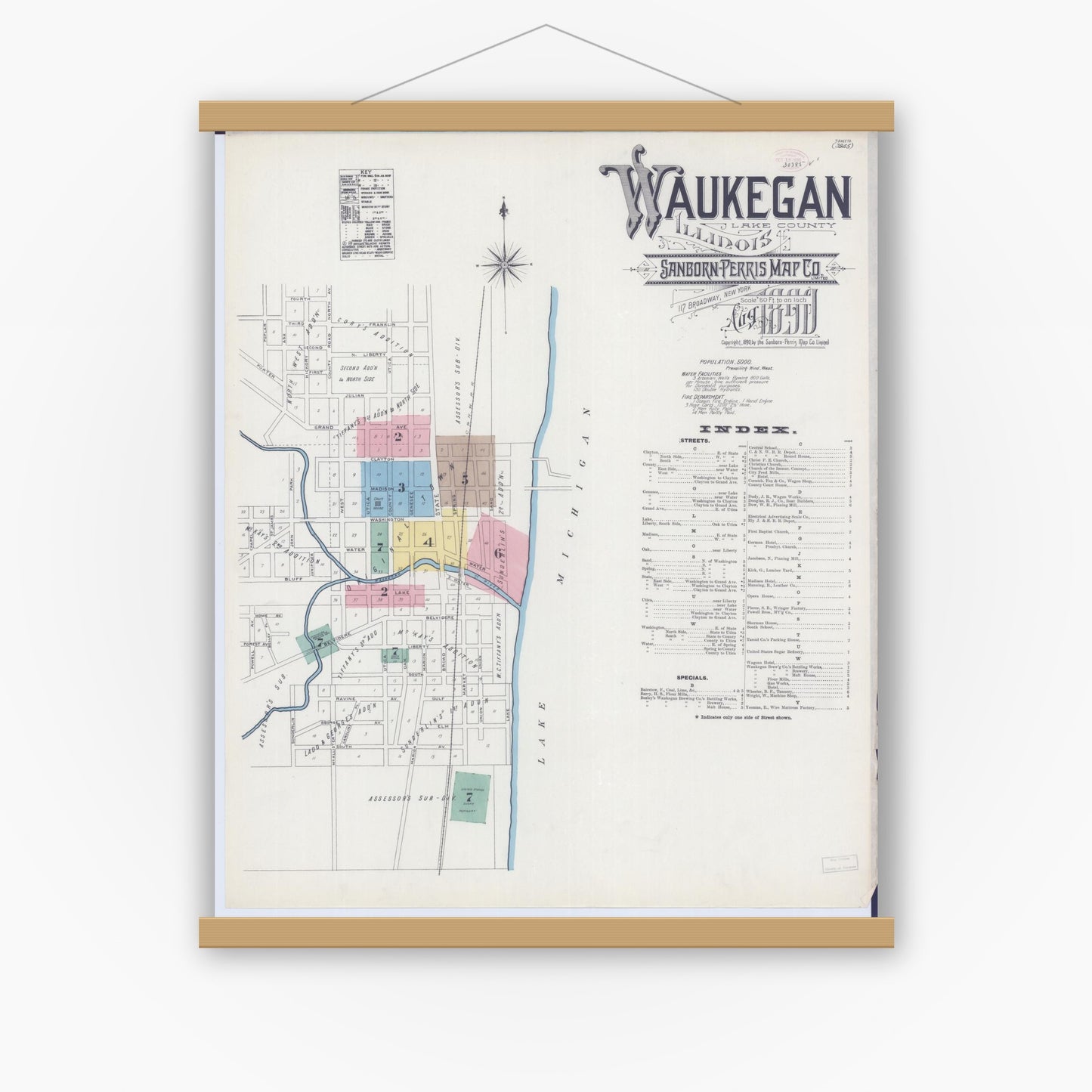 Old map wall art mockup — magnetic wood frame on white wall — Sanborn Fire Insurance Map from Waukegan, Lake County, Illinois (1890), Sheet #0001