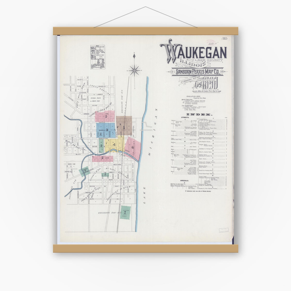 Old map wall art mockup — magnetic wood frame on white wall — Sanborn Fire Insurance Map from Waukegan, Lake County, Illinois (1890), Sheet #0001
