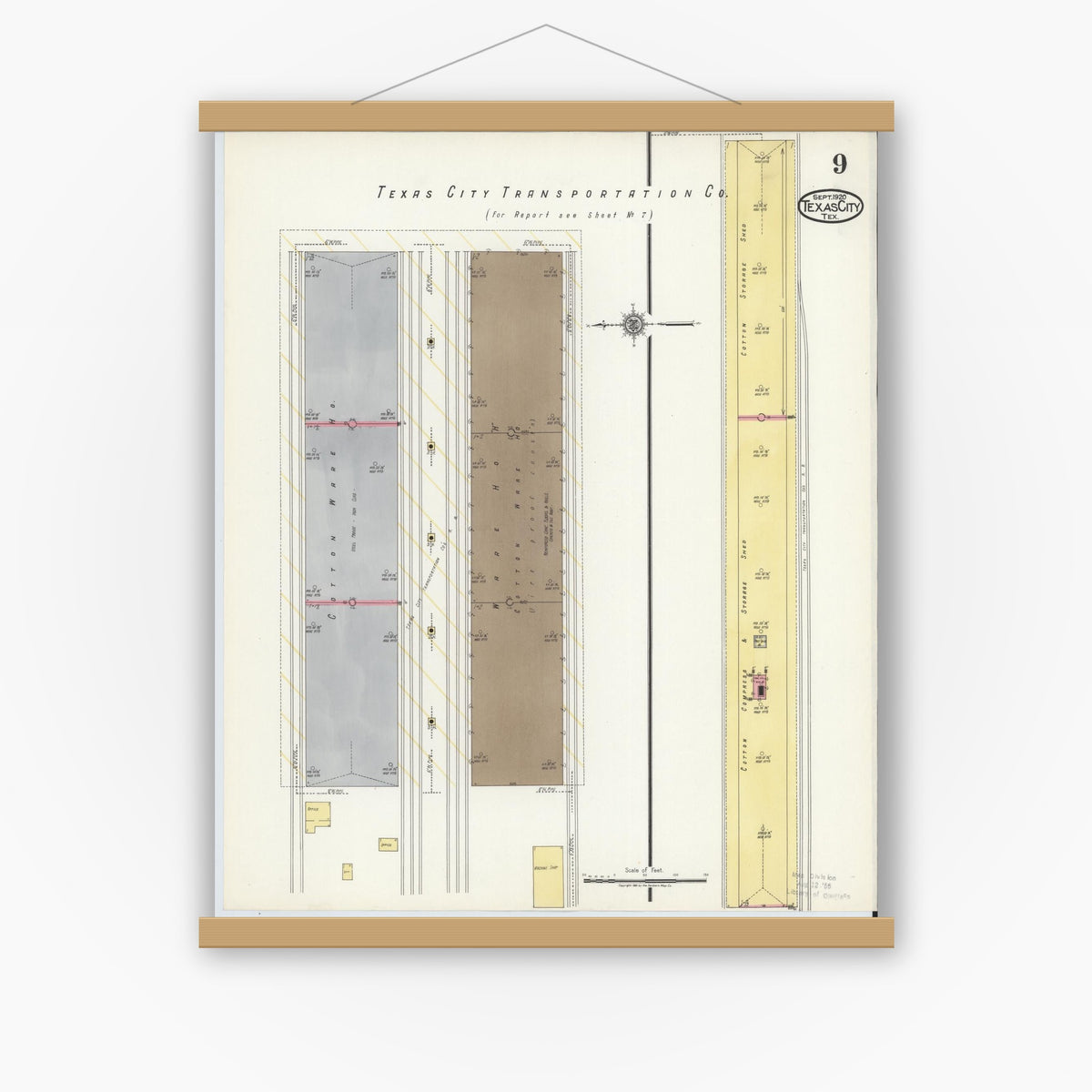 Old map wall art mockup — magnetic wood frame on white wall — Sanborn Fire Insurance Map from Texas City, Galveston County, Texas (1920), Sheet #0009