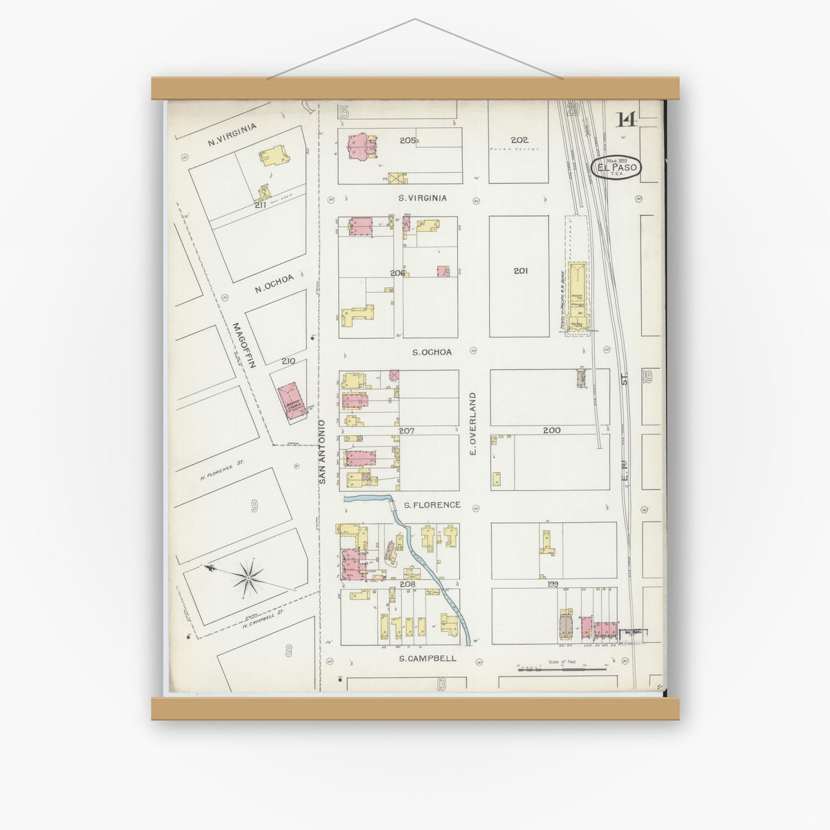 Old map wall art mockup — magnetic wood frame on white wall — Sanborn Fire Insurance Map from El Paso, El Paso County, Texas (1893), Sheet #0014