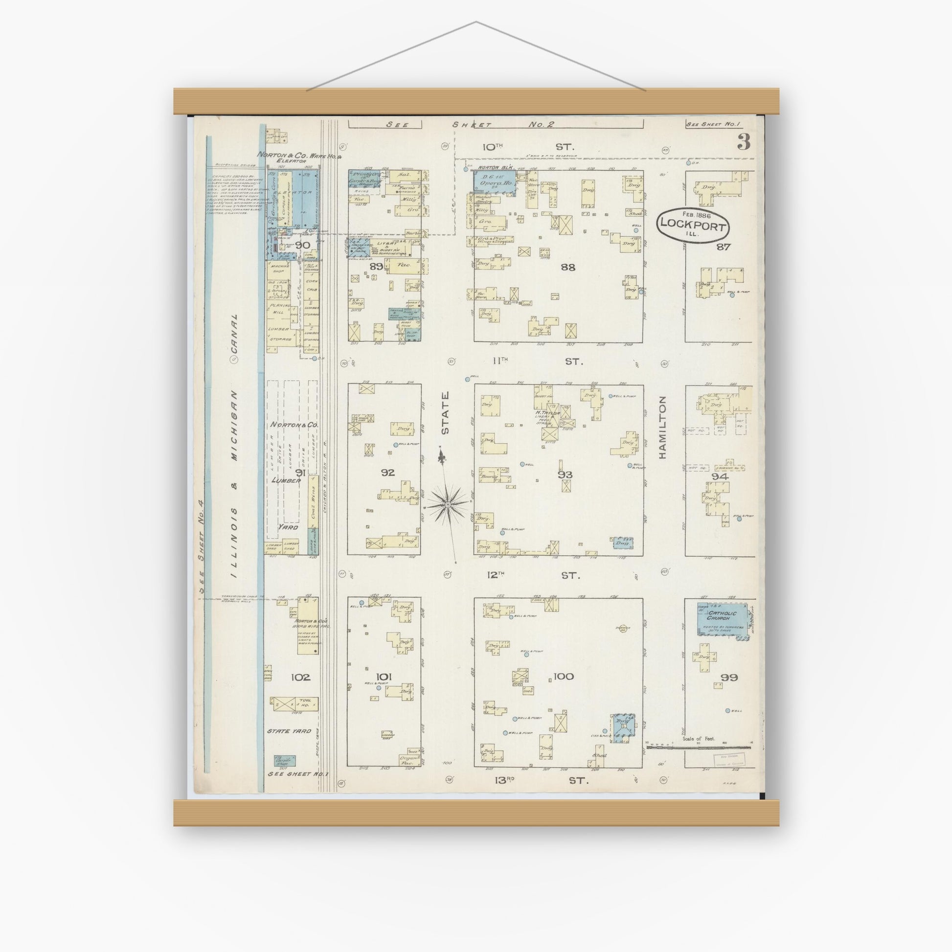 Old map wall art mockup — magnetic wood frame on white wall — Sanborn Fire Insurance Map from Lockport, Will County, Illinois (1886), Sheet #0003
