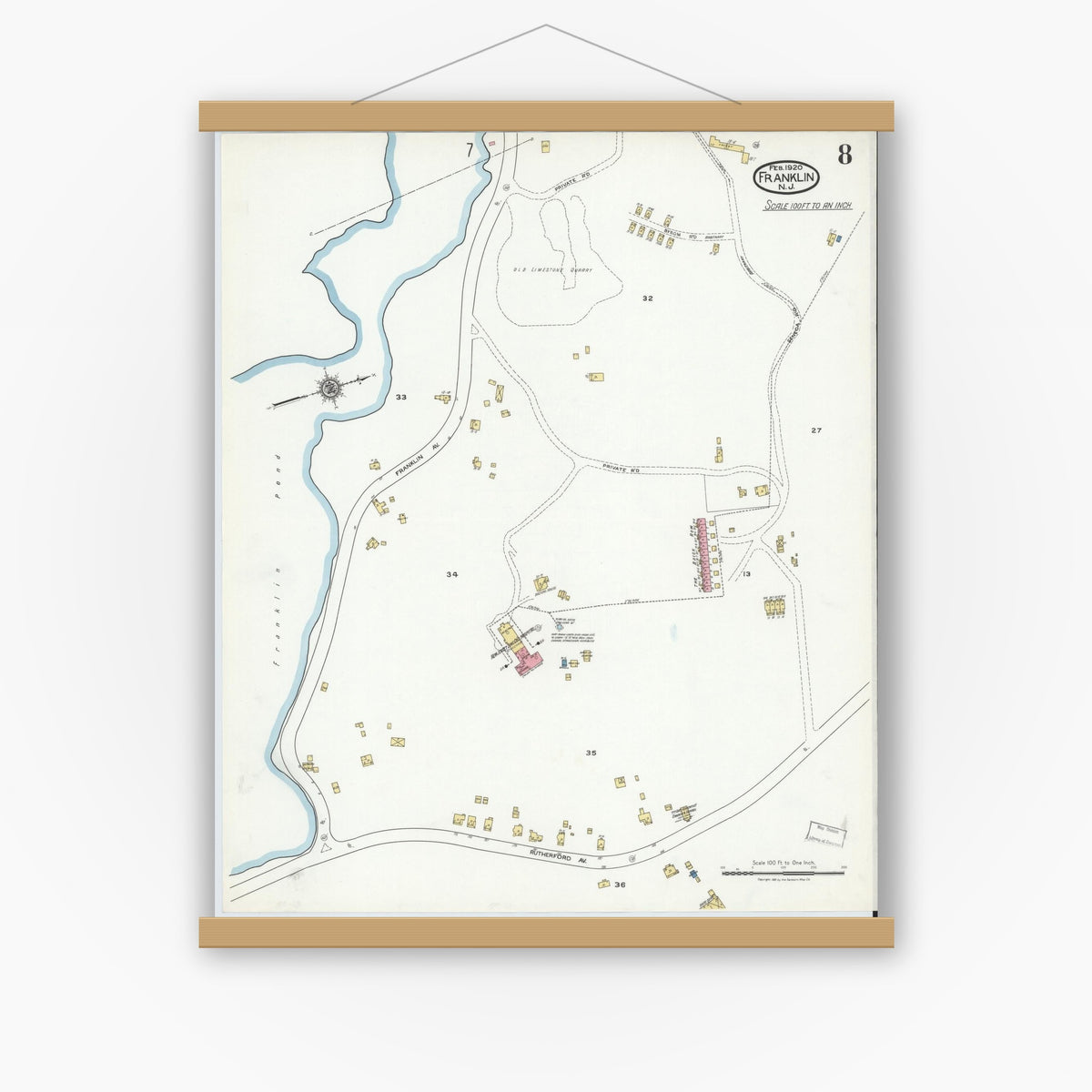 Old map wall art mockup — magnetic wood frame on white wall — Sanborn Fire Insurance Map from Franklin, Sussex County, New Jersey (1920), Sheet #0008