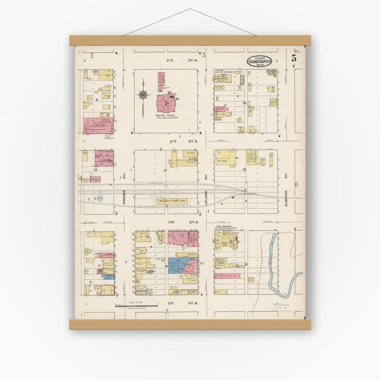 Old map wall art mockup — magnetic wood frame on white wall — Sanborn Fire Insurance Map from Grand Rapids, Itasca County, Minnesota (1922), Sheet #0005