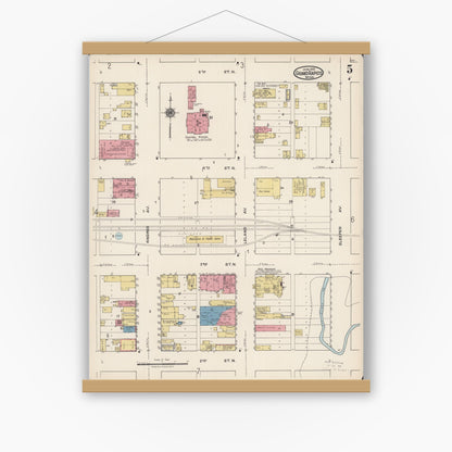 Old map wall art mockup — magnetic wood frame on white wall — Sanborn Fire Insurance Map from Grand Rapids, Itasca County, Minnesota (1922), Sheet #0005