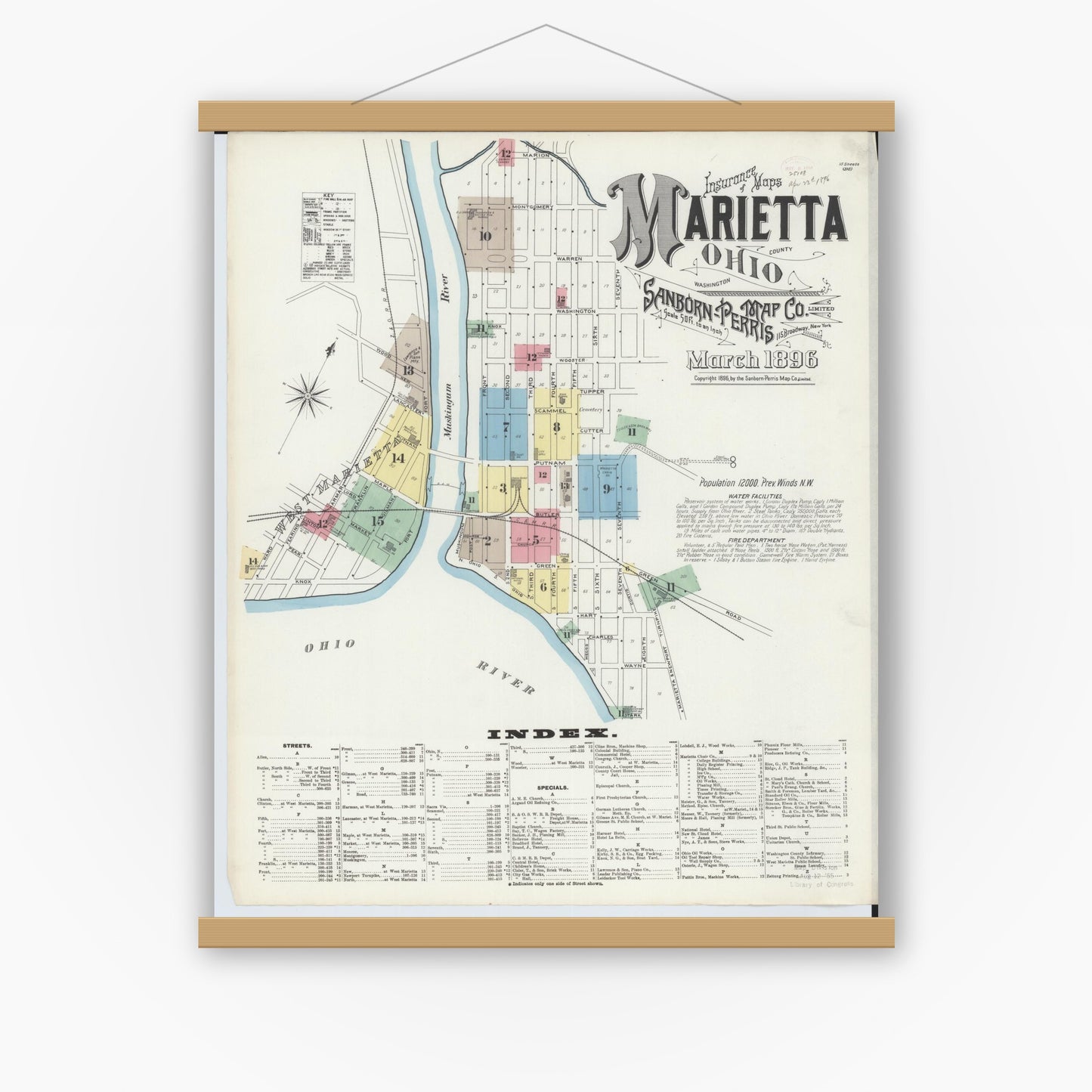 Old map wall art mockup — magnetic wood frame on white wall — Sanborn Fire Insurance Map from Marietta, Washington County, Ohio (1896), Sheet #0001