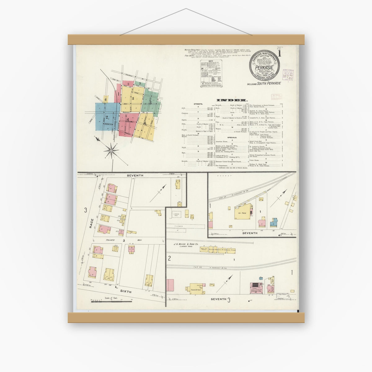 Old map wall art mockup — magnetic wood frame on white wall — Sanborn Fire Insurance Map from Perkasie, Bucks County, Pennsylvania (1908) - Complete Map Set