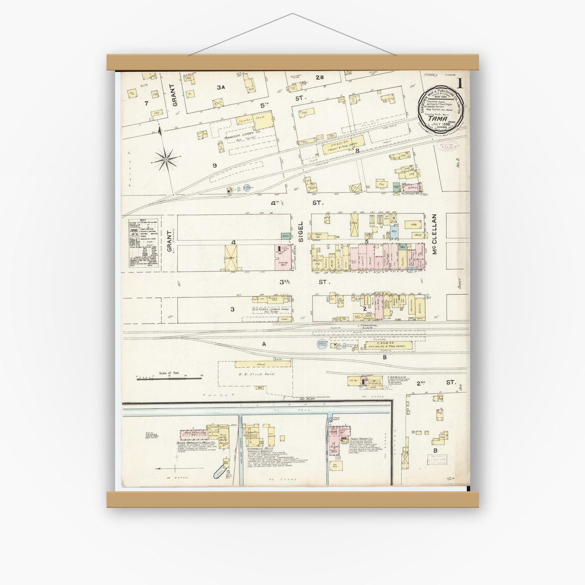 Old map wall art mockup — magnetic wood frame on white wall — Sanborn Fire Insurance Map from Tama, Tama County, Iowa (1888) â€” Complete Set