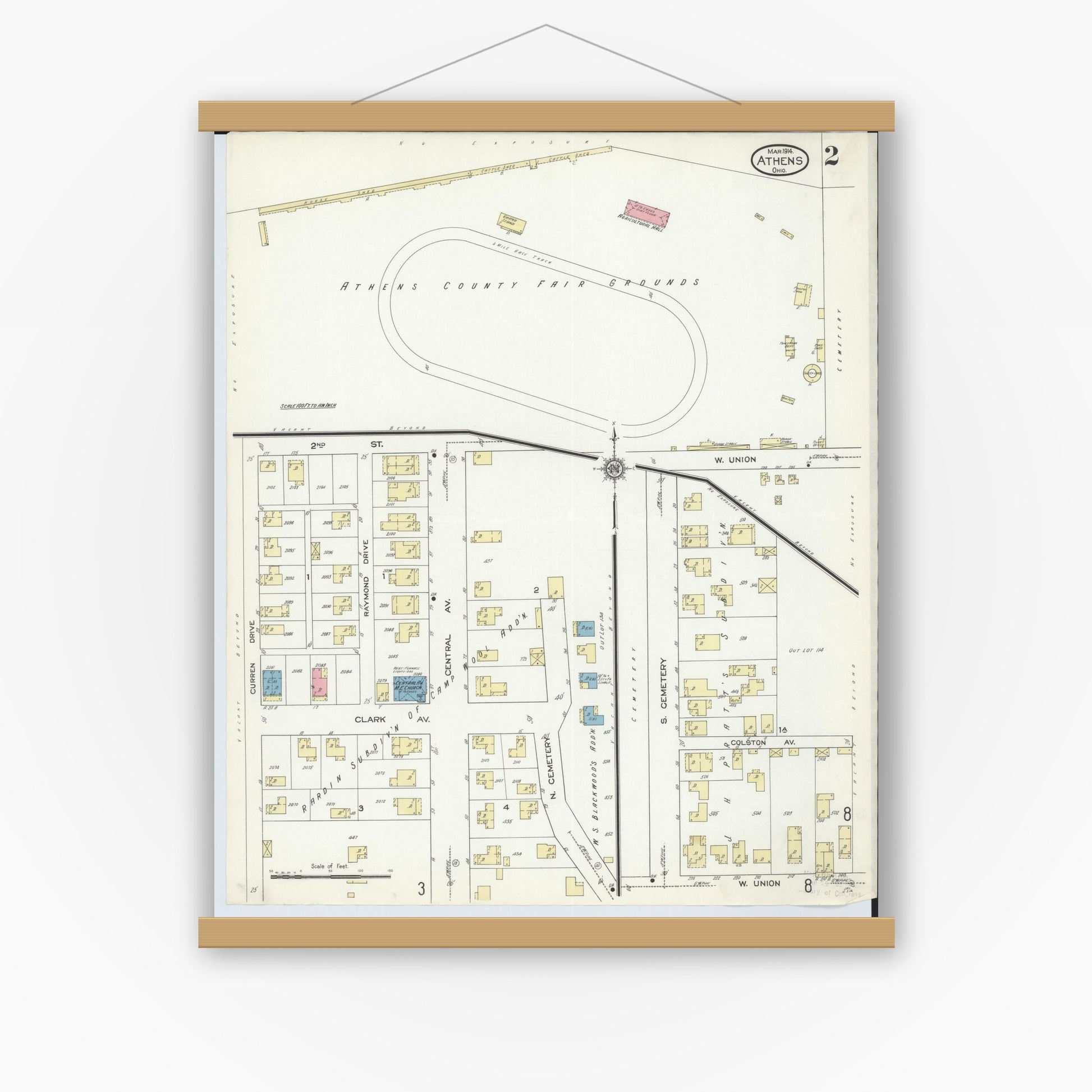 Old map wall art mockup — magnetic wood frame on white wall — Sanborn Fire Insurance Map from Athens, Athens County, Ohio (1914), Sheet #0002